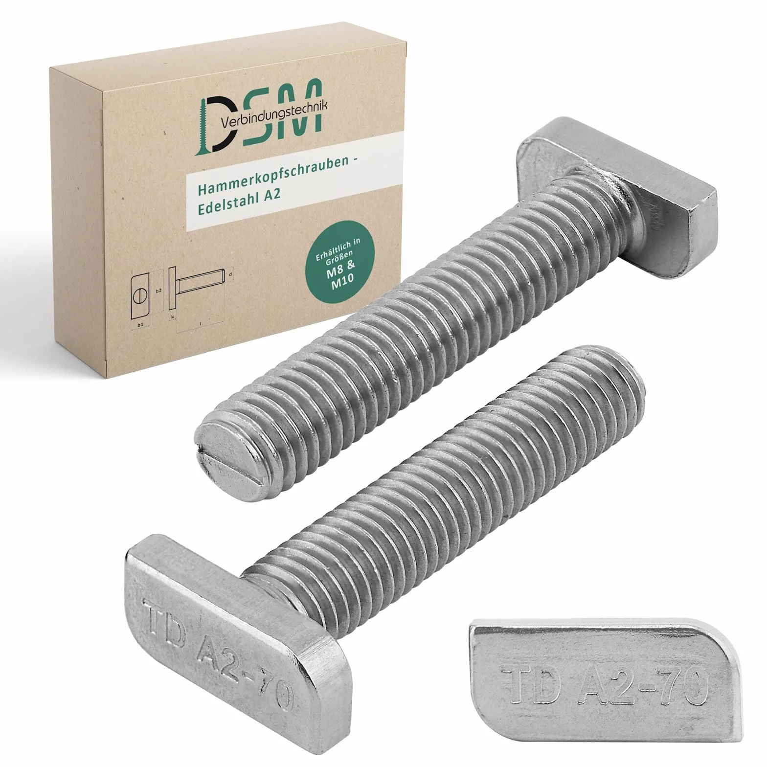DSM – Wkręty z głową udarową M10 x 70 mm – stal nierdzewna A2-70, odporna na korozję – typ 28/15 – do szyn montażowych, fotowoltaicznych, modułów słonecznych, uchwytów PV, profili C, montażu solarnego