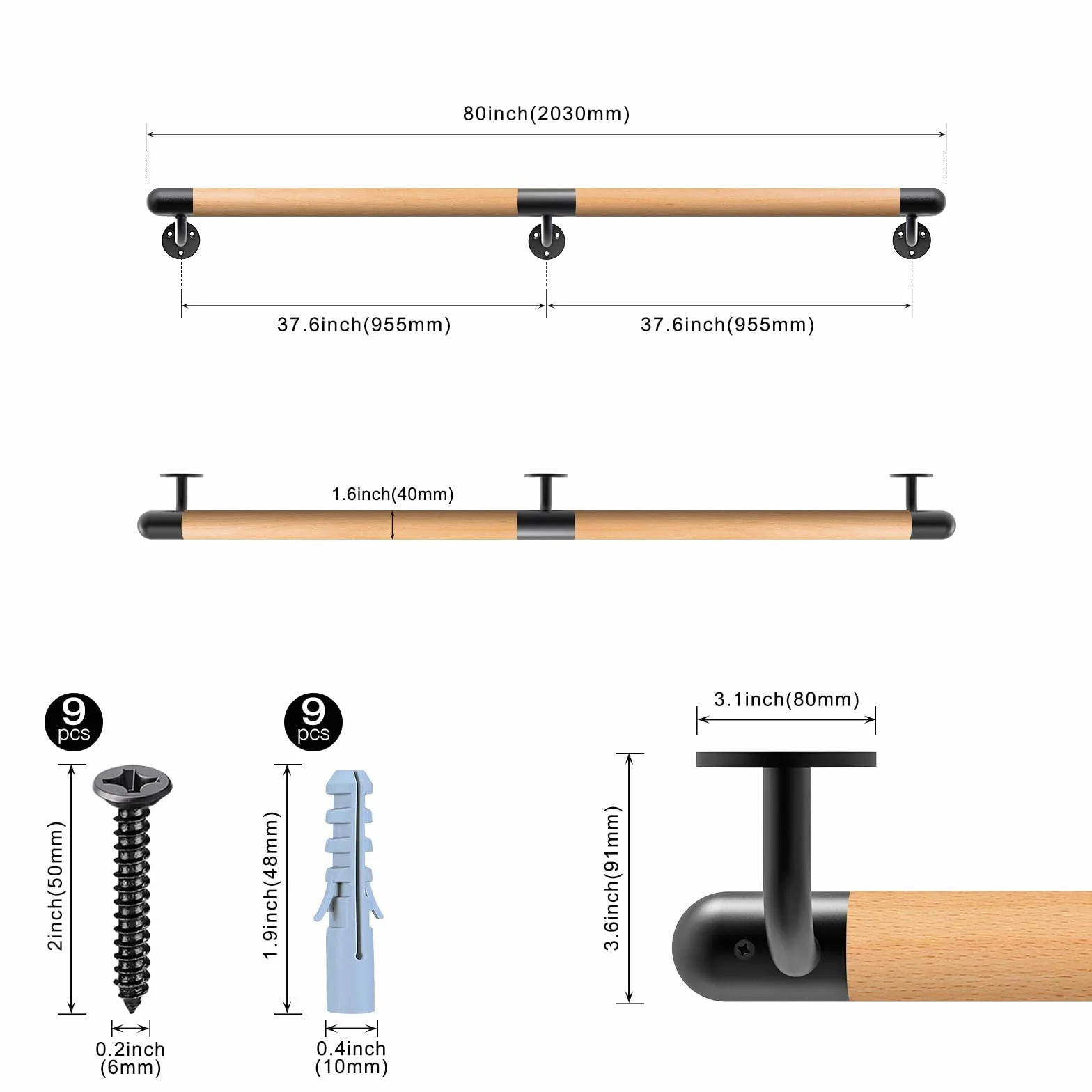 Dolibest Drewniana poręcz, 200 cm, poręcz schodowa, wewnętrzna poręcz z okuciami, 3,8 cm, okrągła, montowana na ścianie, na schody, balustrada bezpieczeństwa na zewnątrz, dla młodszych/starszych