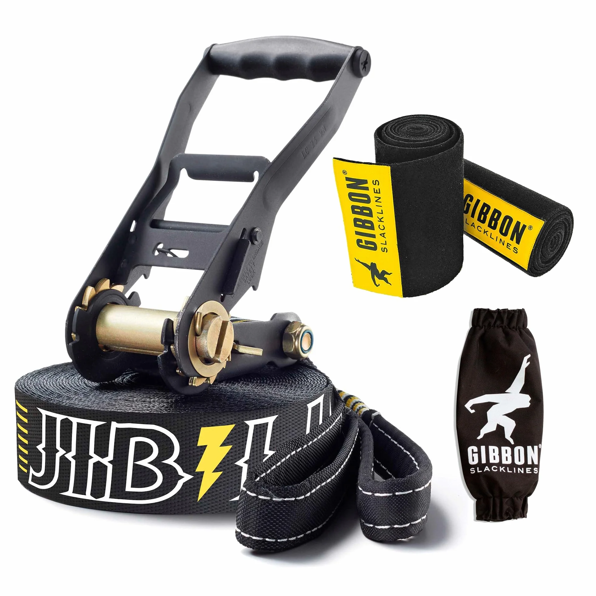 GIBBON JibLine Slackline with TreeWear - Jumpline & Trickline 15 m Slack Line - Linia 12,5 m x 5 cm i pasek zapadkowy 2,4 m ze wzmocnioną pętlą