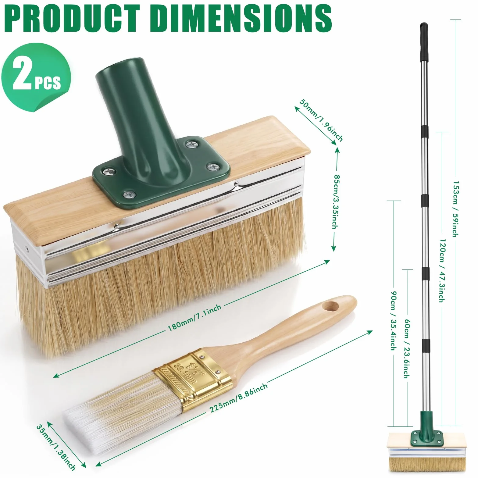 Pędzel płaski do powierzchni z długą rączką 153 cm, zestaw pędzli płaskich do tarasu, z 2 pędzlami o szerokości 18 cm i 1 małym pędzlem, szczotka sufitowa, szczotka tarasowa do podłóg drewnianych