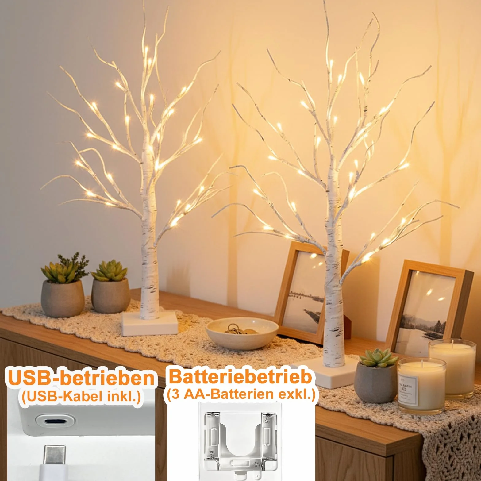 EAMBRITE Zestaw 2 gałązek świetlnych do wnętrz, 24 diody LED, ciepła biel, brzoza, gałązki dekoracyjne, zasilanie bateryjne, dekoracja bożonarodzeniowa do domu, na imprezę, urodziny, wesele, dekoracja