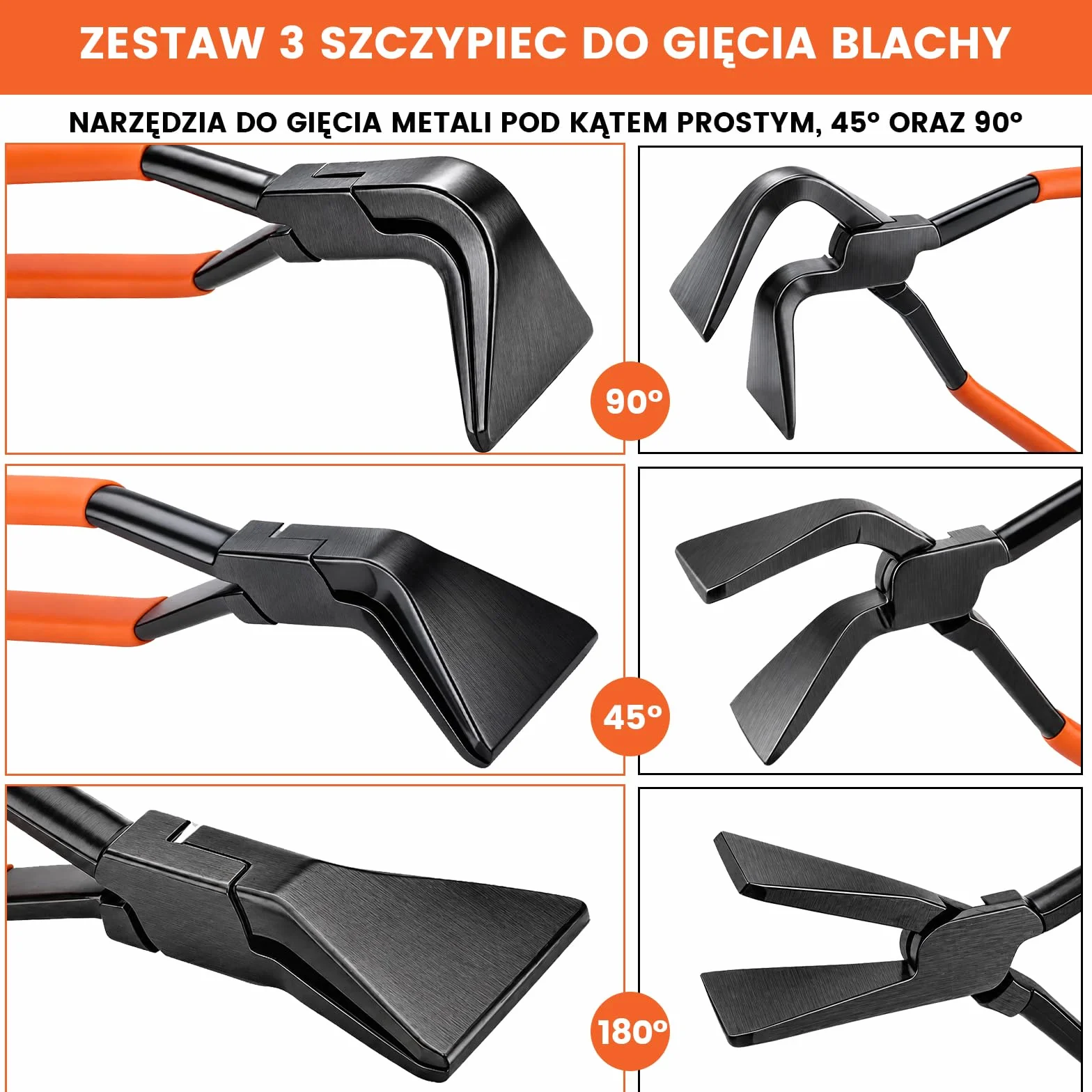 Szczypce do zaginania blachy, zestaw 3 sztuk szczypiec do cięcia prostych 0°, kątowe 45° i 90, ok. 55 mm szerokość szczęk 280 mm długość szczypce do gięcia, stal węglowa czarna oksydowana, narzędzie dachowe Spengler