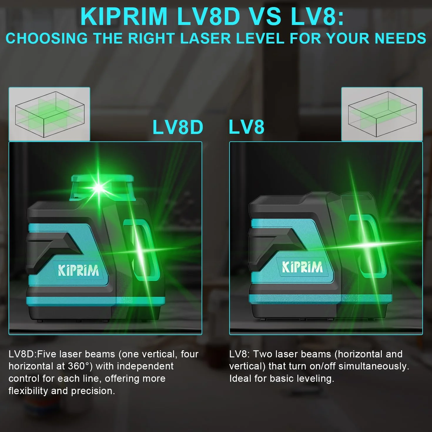 Poziomica laserowa, Kiprim LV8D Cross Line Green o zwiększonej widoczności, 5 linii laserowych, regulowana jasność, tryb ręczny/autonomiczny/impulsowy, baterie i torba transportowa w zestawie