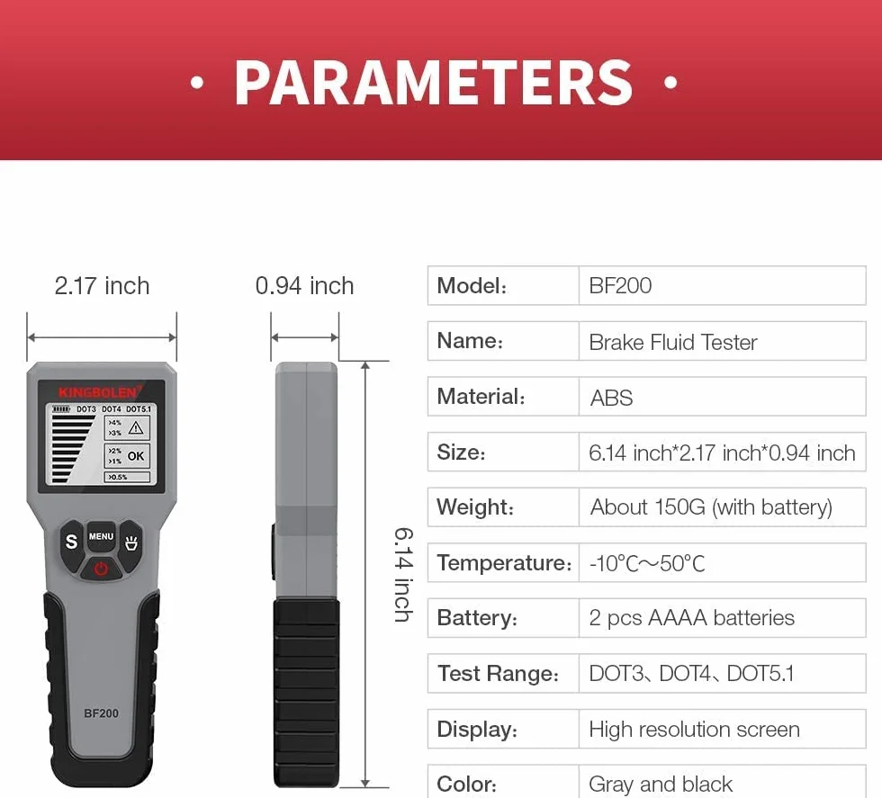 KINGBOLEN Tester płynu hamulcowego, narzędzie do diagnozy płynu hamulcowego, analizator wilgotności płynu hydraulicznego/płynu/oleju z ekranem LCD, alarm akustyczny DOT3 DOT4 DOT5.1 Tester