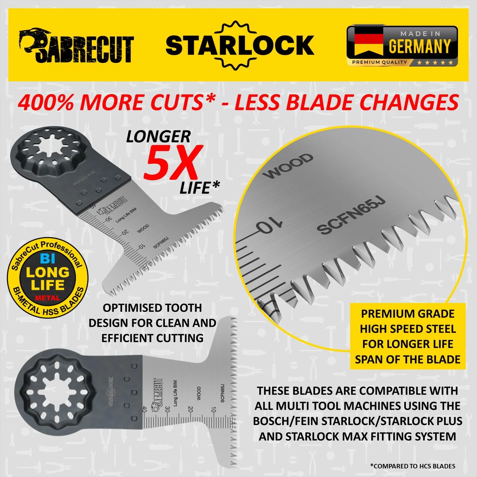 SabreCut 5pcs SCFN65J_5 65mm x 40mm 14 TPI Grube Ząb Ostrza multitool | Kompatybilne z Bosch, Fein (Non-StarLock), grube ostrza tną szybko