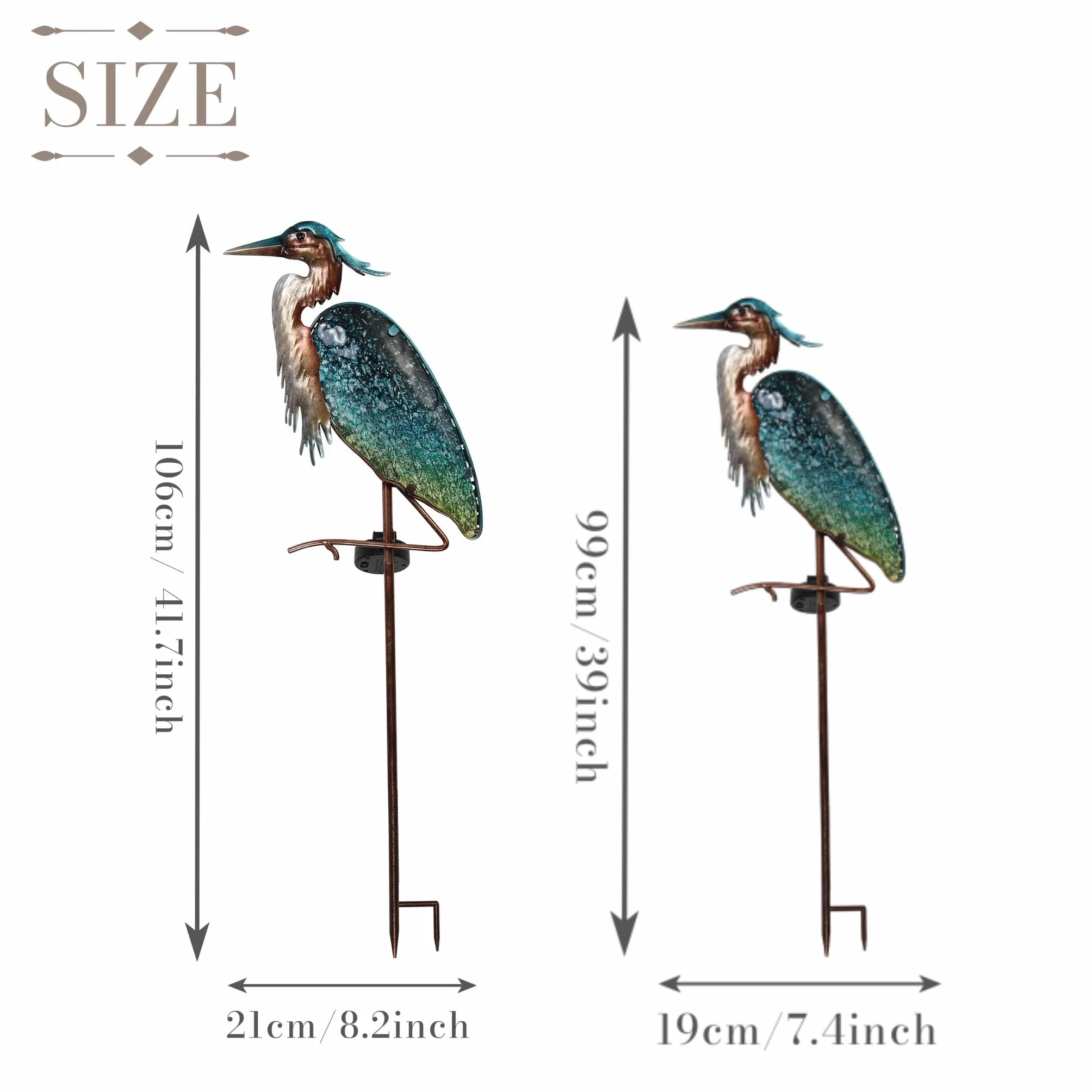 TERESA’S COLLECTIONS Grey Heron Garden Figure Outdoor Solar Light 106cm Solar LED Garden Light Metal Glass Wodoodporna ścieżka światła z kolcem Ground Solar Lamp Garden Decoration