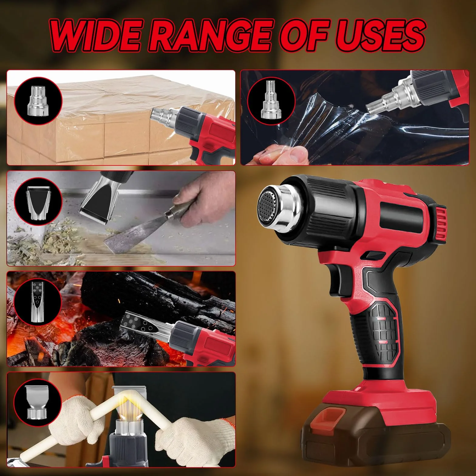 Bezprzewodowa dmuchawa do gorącego powietrza do akumulatora Milwaukee 18V, pistolet do gorącego powietrza z 5 dyszami, 2 ustawienia temperatury max 550°C do krycia rur termokurczliwych, owijania