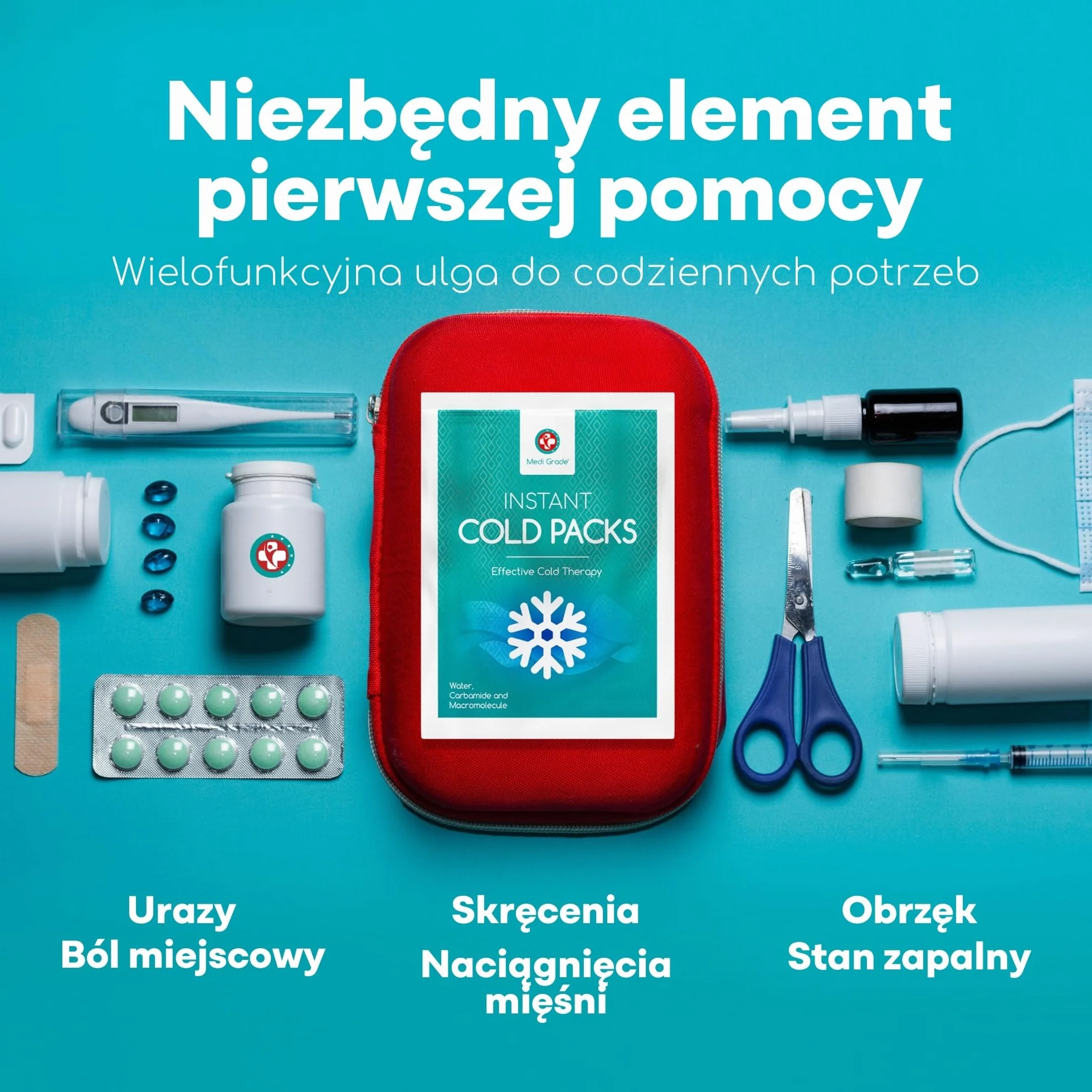 Medi Grade Instant Cold Pack 8 Sztuk 100g 11,43 cm x 15,24 cm Kompres Chłodzący Z Paskiem Stabilizującym