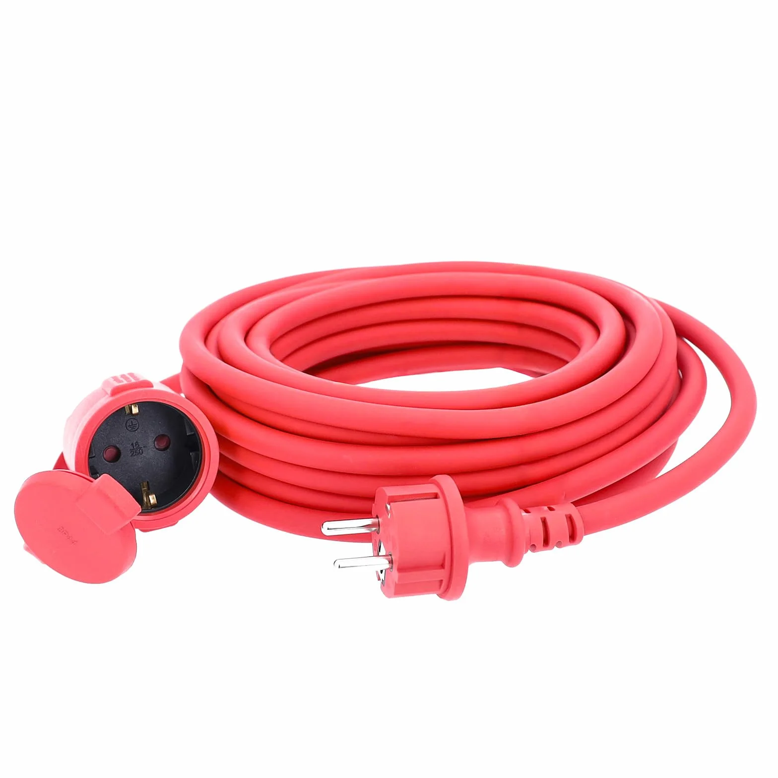 as - Schwabe Gummi-Verlängerungsleitung – 25 m Kabel mit Schutzkontaktwickelstecker, Schutzkontaktkupplung inkl. Schutzkappe ­– 230 V / 16 A Verlängerungskabel – IP44 – Made in Germany – Rot I 60373