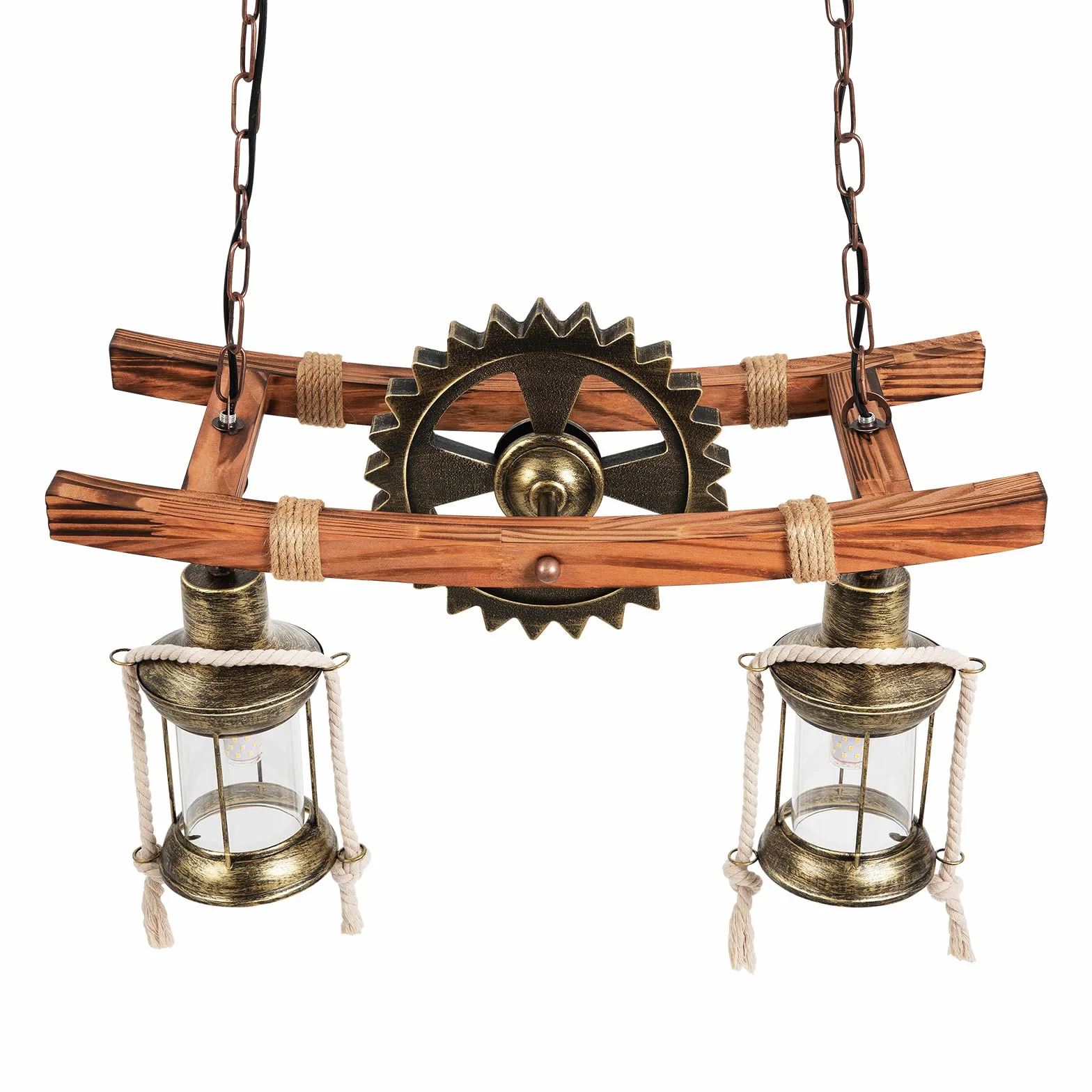 Lampa wisząca w stylu vintage, drewno, industrialny design, retro lampa wisząca z 2 płomieniami, lampa sufitowa E27, styl industrialny, lampa sufitowa do salonu, sypialni, kuchni, kawiarni i