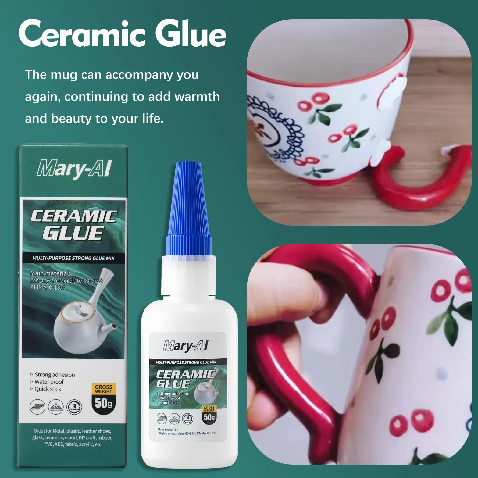 Klej błyskawiczny do ceramiki, bardzo mocny klej do porcelany, klej ceramiczny, bardzo mocny klej błyskawiczny, odporny na wysoką temperaturę, wodoodporny, silnie mocujący się do ceramiki