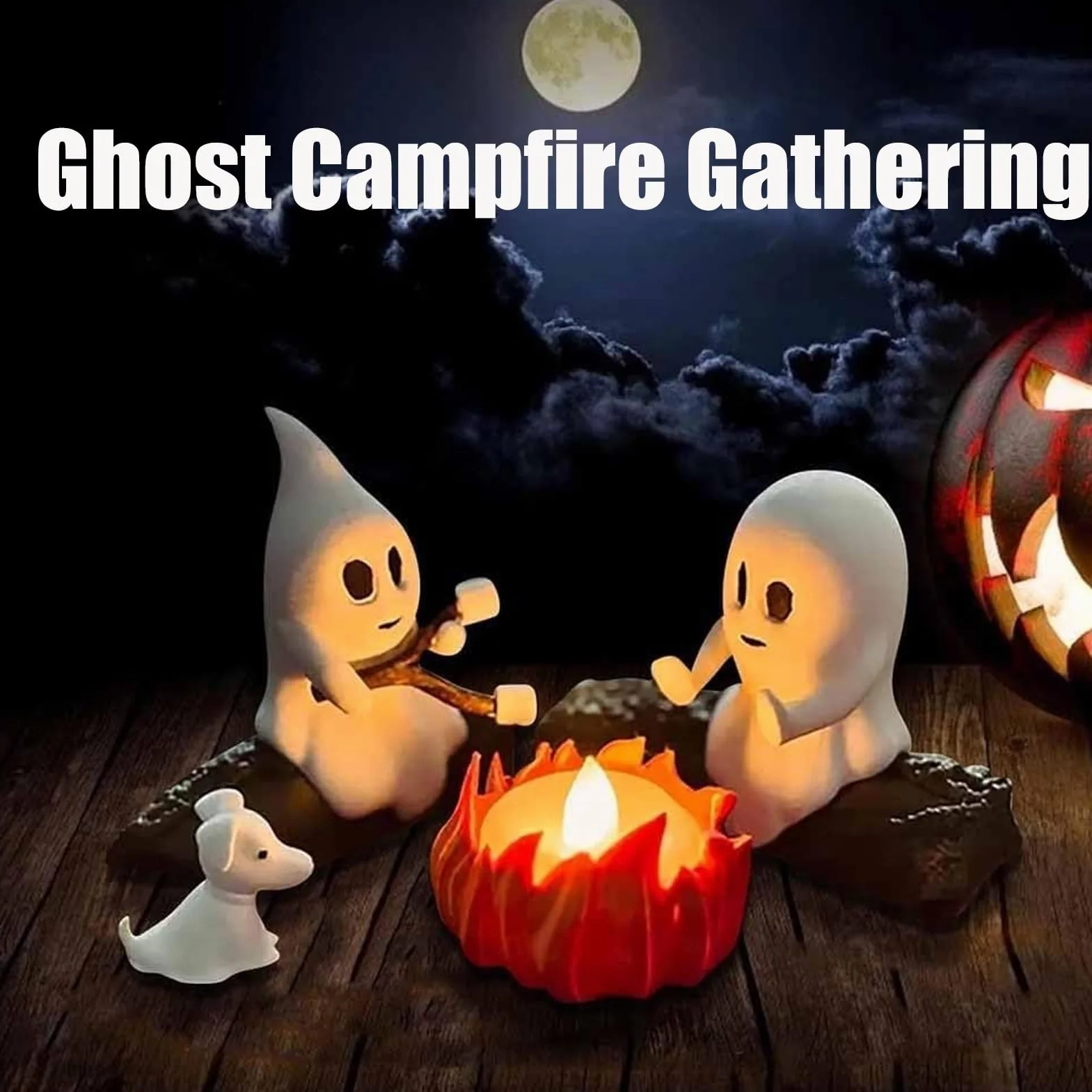 Ghost Campfire lampka nocna, 3D duch, ognisko, migocząca lampka nocna, zabawna dekoracja na Halloween, urocza przytulna upiorna statuetka, lampka nocna do domowego kominka lub biurka (wszystkie)