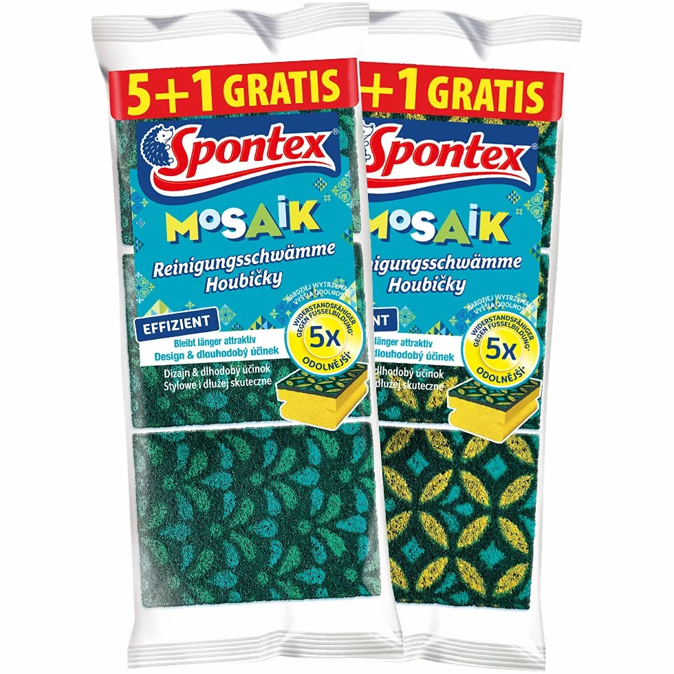 Spontex Gąbka do czyszczenia mozaiki, gąbka do szorowania z technologią zapobiegającą mechaceniu i praktycznym uchwytem, kolor nie do wyboru, 6 sztuk