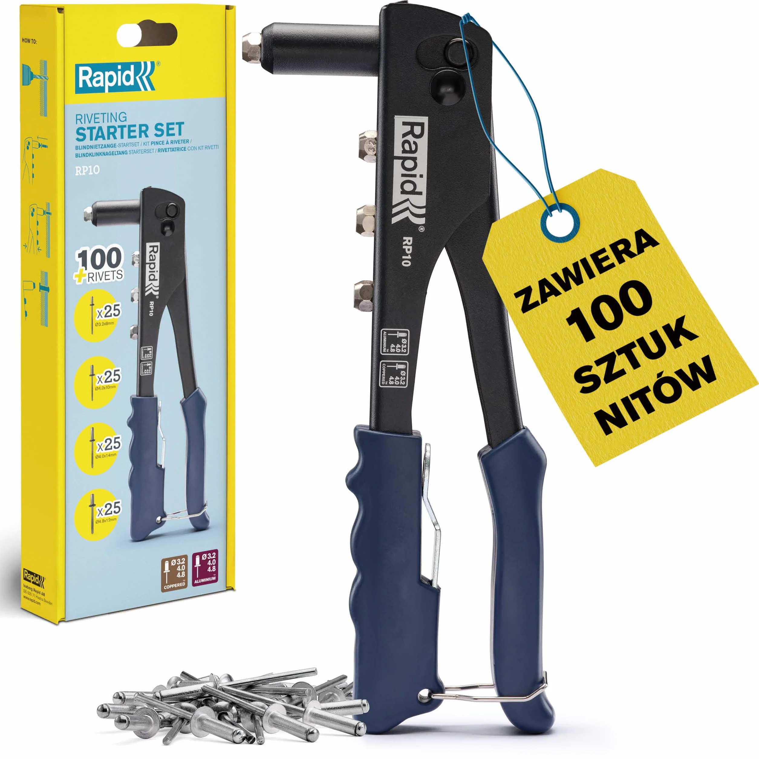 Zestaw nitownicy ręcznej Rapid RP10 ze 100 nitami aluminiowymi, zintegrowanym kluczem i miękkim uchwytem do nitów zrywalnych 3.2, 4.0, 4.8mm (5001718)