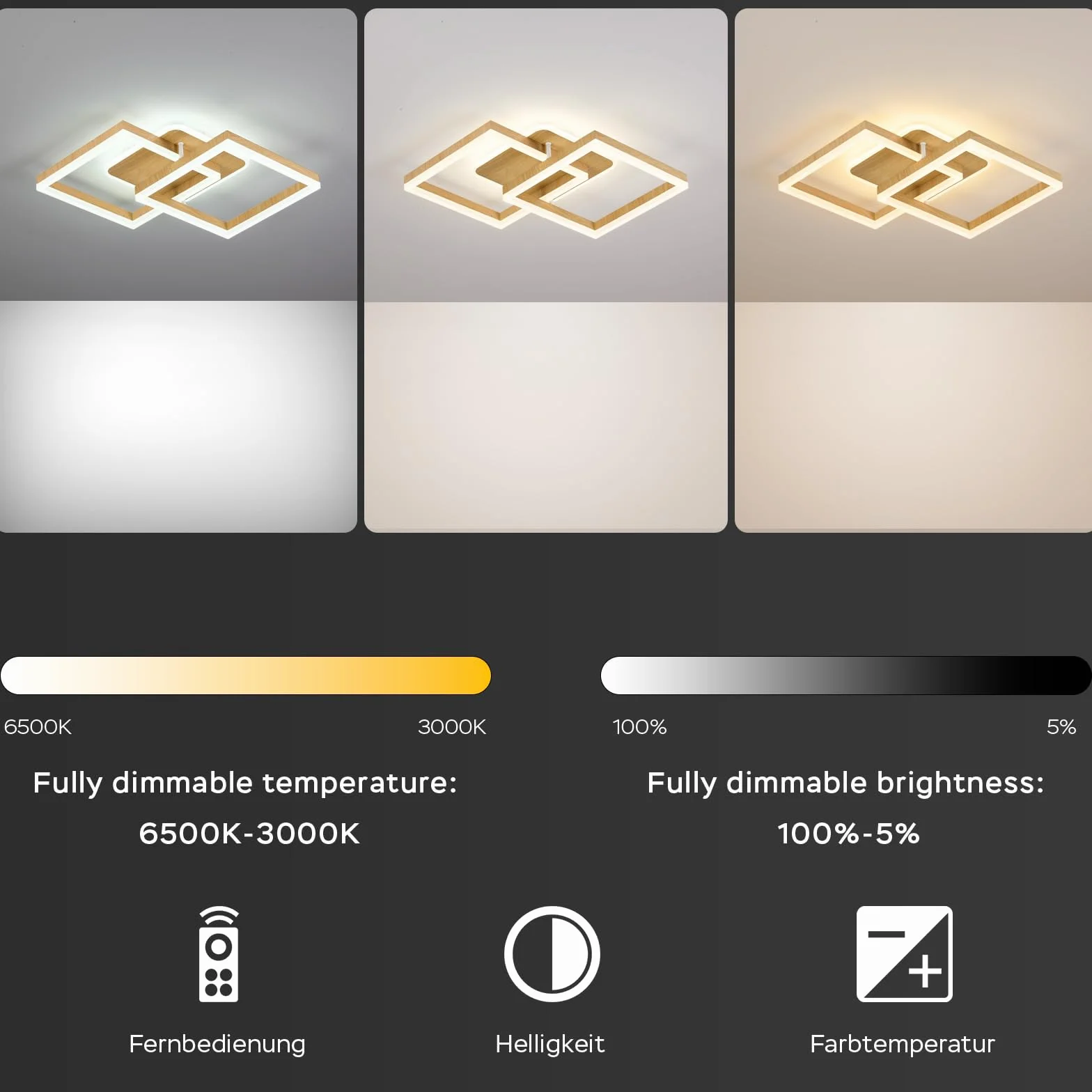 ANTENLICHT Lampa sufitowa LED do salonu, nowoczesna, geometryczna, 40 W, z pilotem zdalnego sterowania, bezstopniowe ściemnianie, 3000-6500 K, lampa sufitowa z metalu, do salonu, sypialni, wygląd