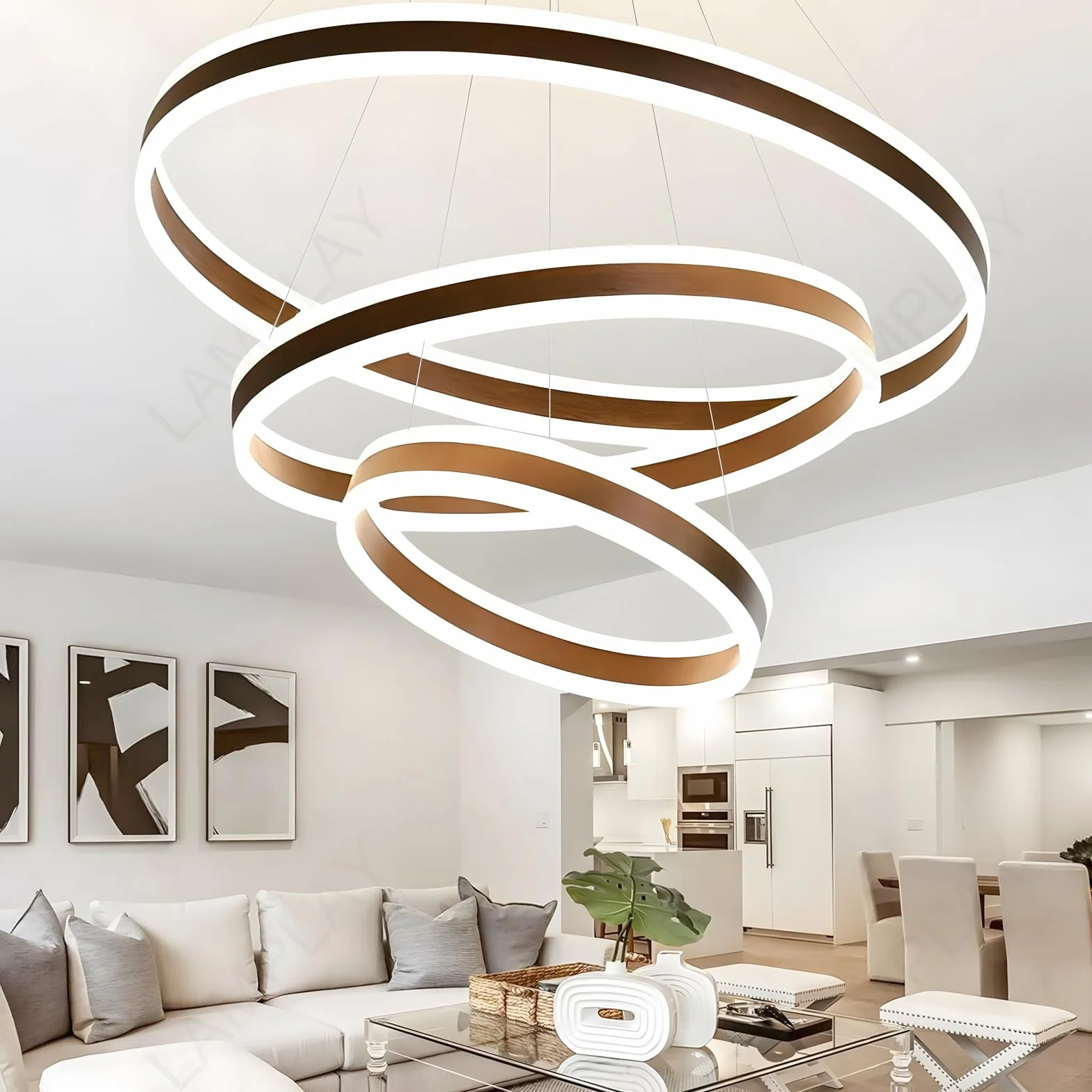 Okrągła Nowoczesna Lampa Wisząca LED, 3 Brązowy Żyrandol Pierścieniowy, Ściemniana Za Pomocą Pilota 3000K-6000K Lampa Sufitowa, Regulowana Wysokość, Salon Sypialnia Jadalnia (60+80+100cm)