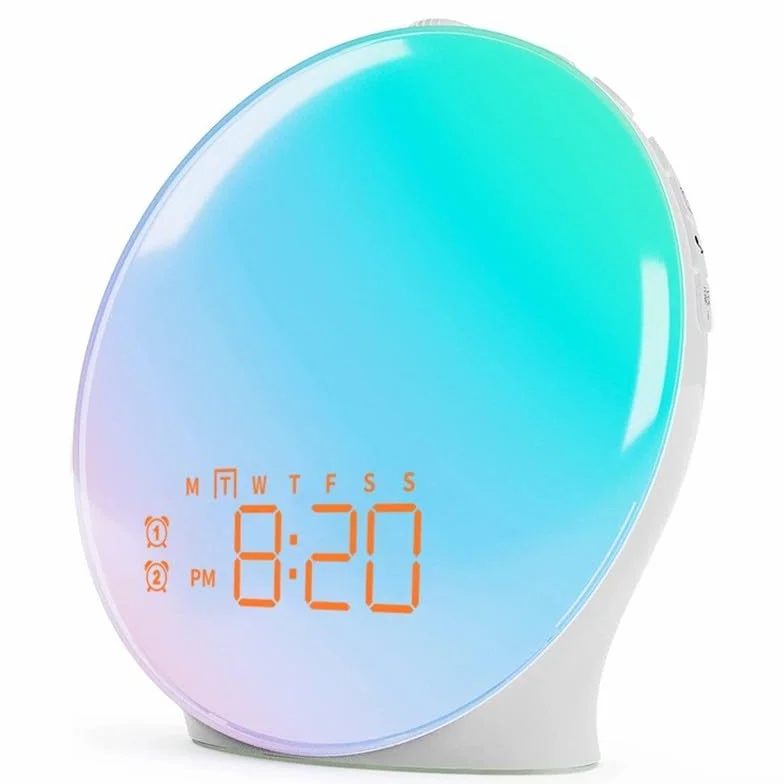 Zilimontt Budziki o wschodzie słońca, światło budzenia z symulacją wschodu słońca, podwójny alarm, lampka nocna przy łóżku, radio FM 7, uspokajający dźwięk, 18 kolorowych lamp nastrojowych (edycja