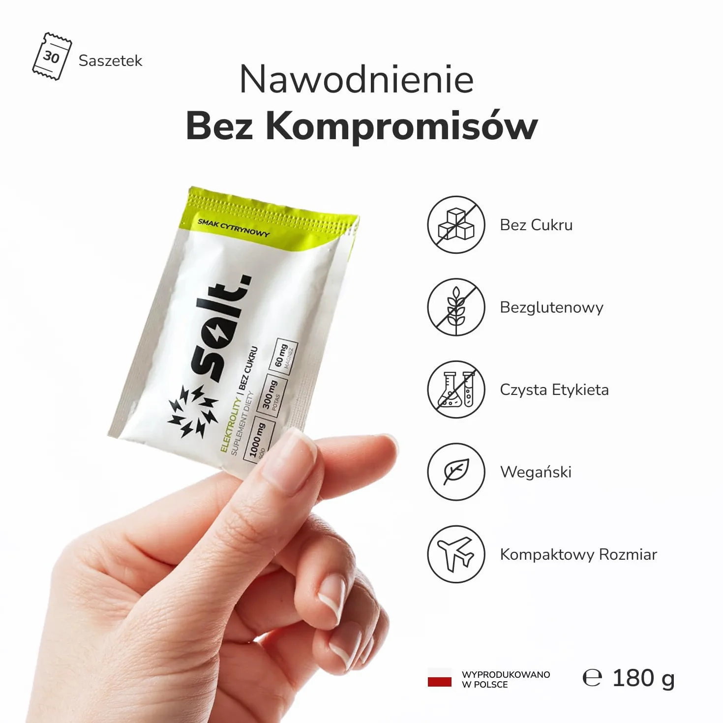 Elektrolity Bez Cukru 30 SZTUK 1000 mg sodu 300 mg potasu 60 mg magnezu Cytrynowe