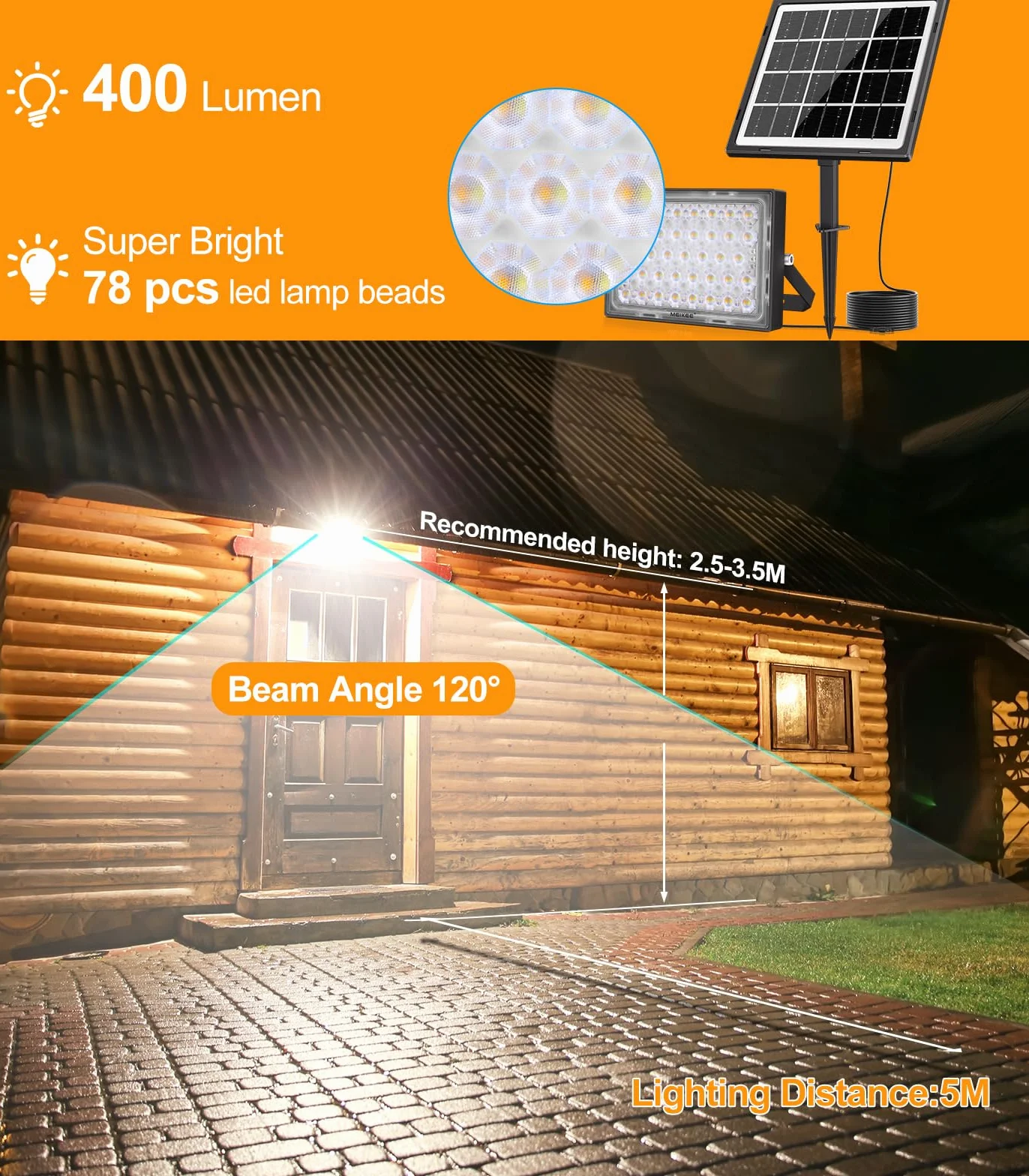 MEIKEE Zewnętrzny reflektor solarny z 78 diodami LED, pilot zdalnego sterowania, 3 tryby świecenia, jasność i kolor, wodoszczelność IP66, do ogrodu, garażu, tarasu