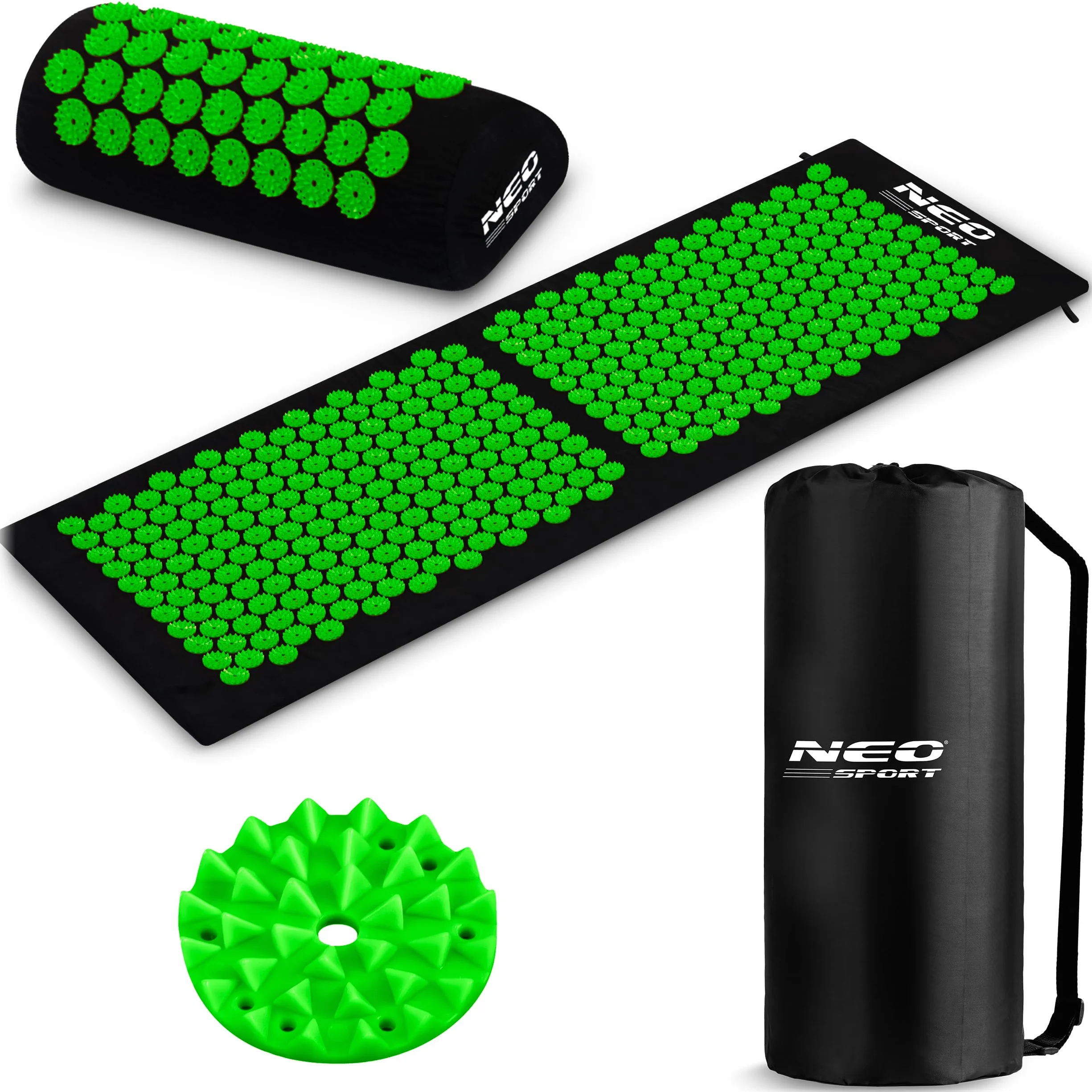Neo-Sport - Mata do akupresury z poduszką i torbą do przenoszenia - zestaw - 125 x 46 cm - zdejmowana poszewka z bawełny - mata kolczasta do masażu całego ciała, akupunktura - czarna i zielona