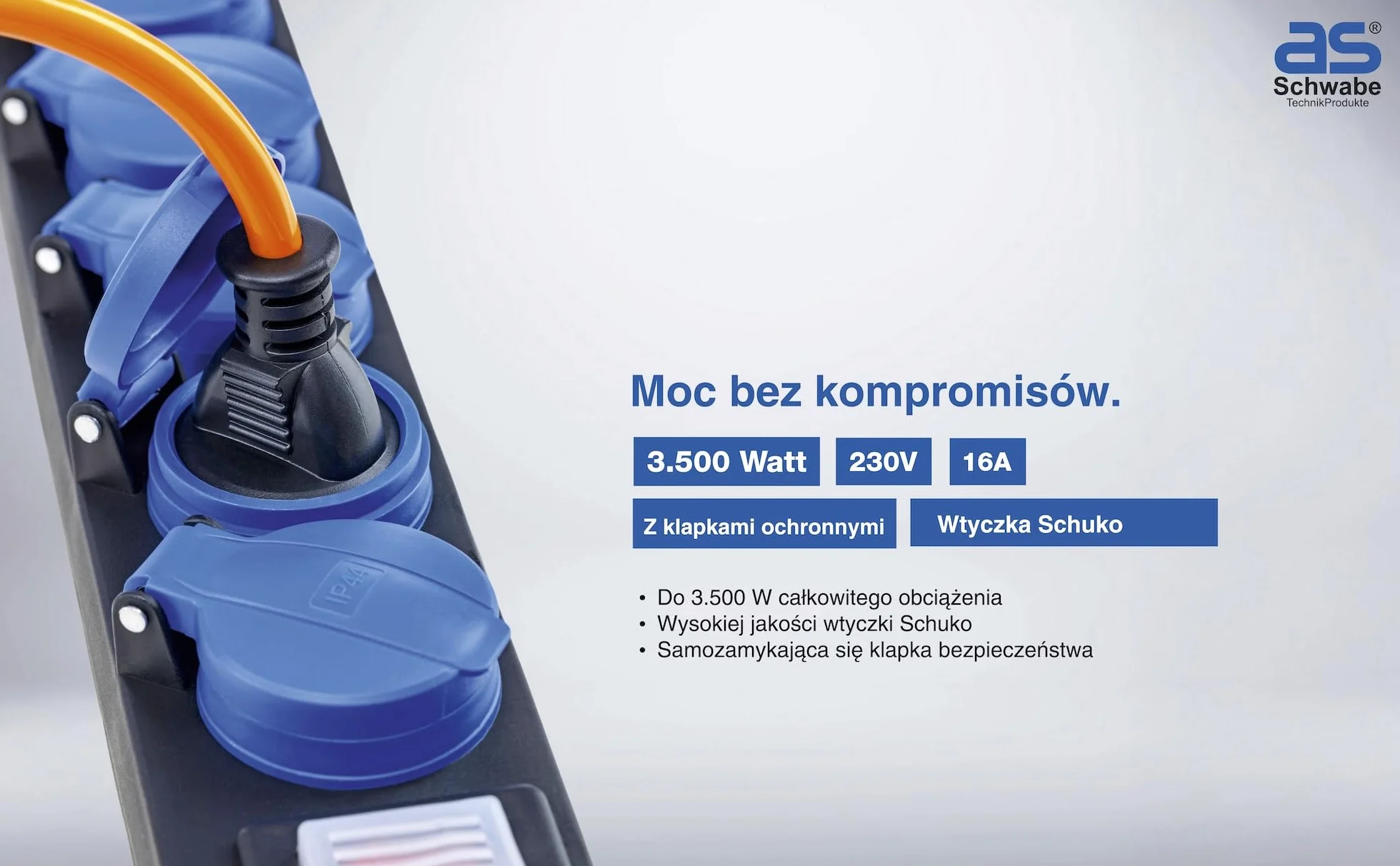 as - Schwabe 5-fach Verteilersteckdosenleiste mit Schalter, Schutzkontaktsteckdosen im Mehrfachstecker mit 4,5 m Gummischlauchleitung & Sicherheitsklappdeckel, 230V, 16A, IP44, Schwarz, 38605