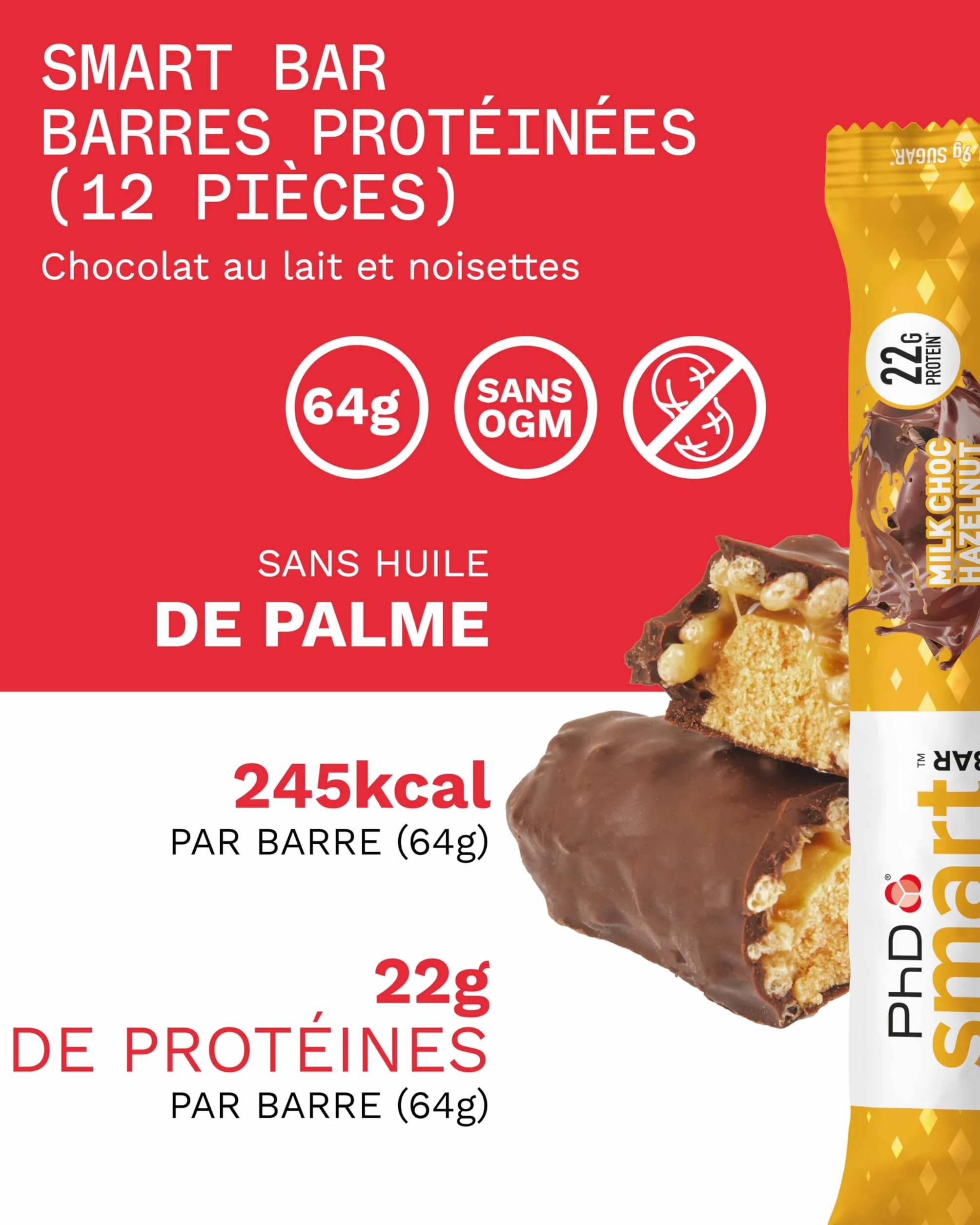 PhD Nutrition Smart Protein Bar baton białkowy 64g 20g białka niskokaloryczny czekoladowy orzech laskowy 12 sztuk