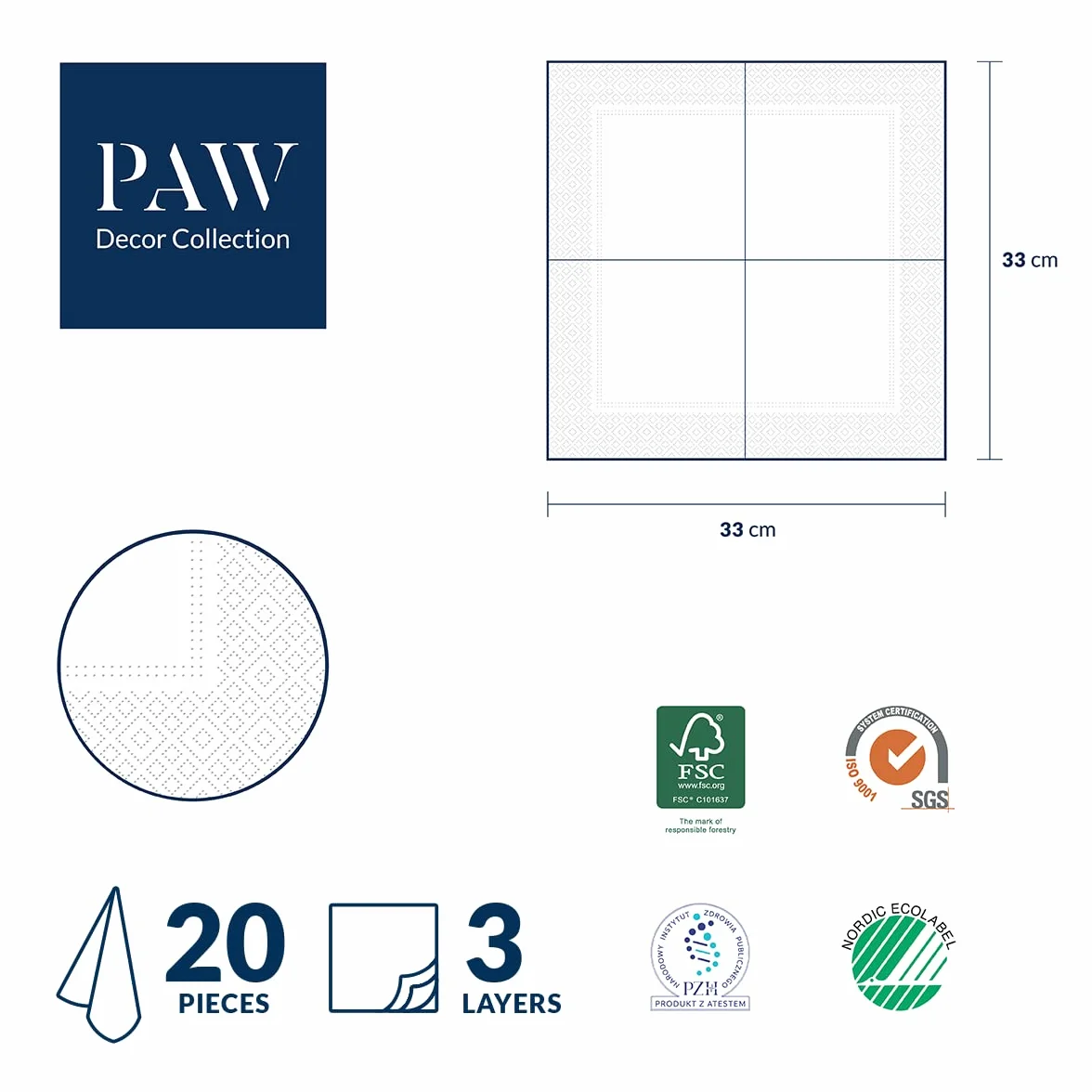 PAW - Serwetki 3-warstwowe (33 x 33 cm) I 20 sztuk I idealne na urodziny, imprezy, wesela, komunię i uroczystości I kolorowe serwetki papierowe - eleganckie kwiaty I kolor: róże na aksamicie