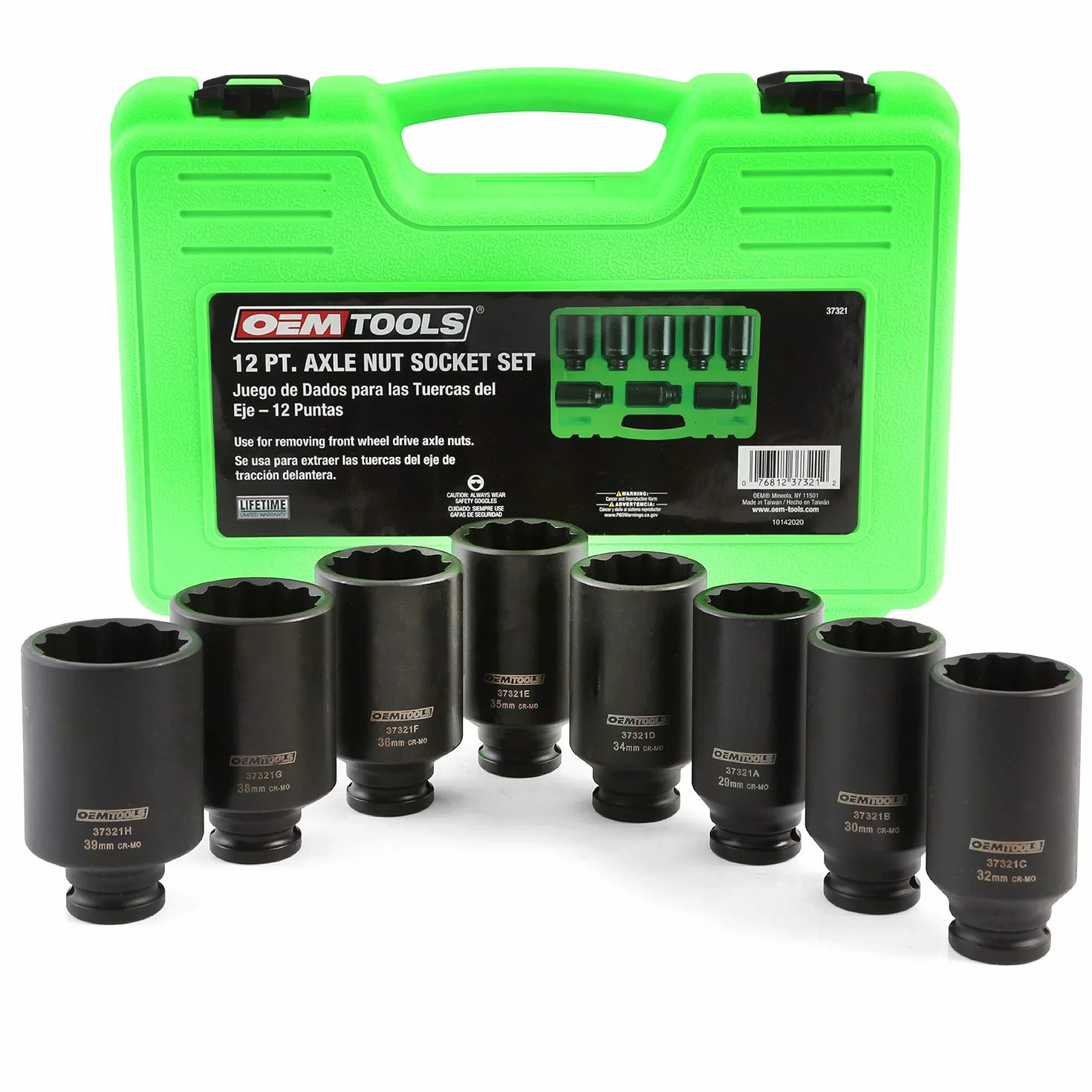 OEMTOOLS 8-częściowy zestaw nasadek do osi napędowej 1/2 cala, zestaw 12-punktowy, 29 mm, 30 mm, 32 mm, 34 mm, 35 mm, 36 mm, 38 mm i 39 mm, z etui