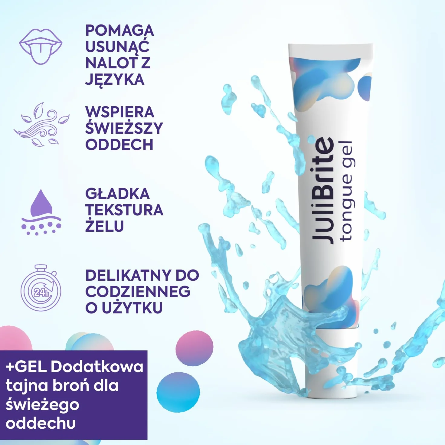 Zestaw do czyszczenia języka | 1 Żel do czyszczenia języka (50 ml) + 1 Szczoteczka do czyszczenia języka | Pomaga w walce z nieświeżym oddechem (halitoza) | Biały język | Świeży oddech