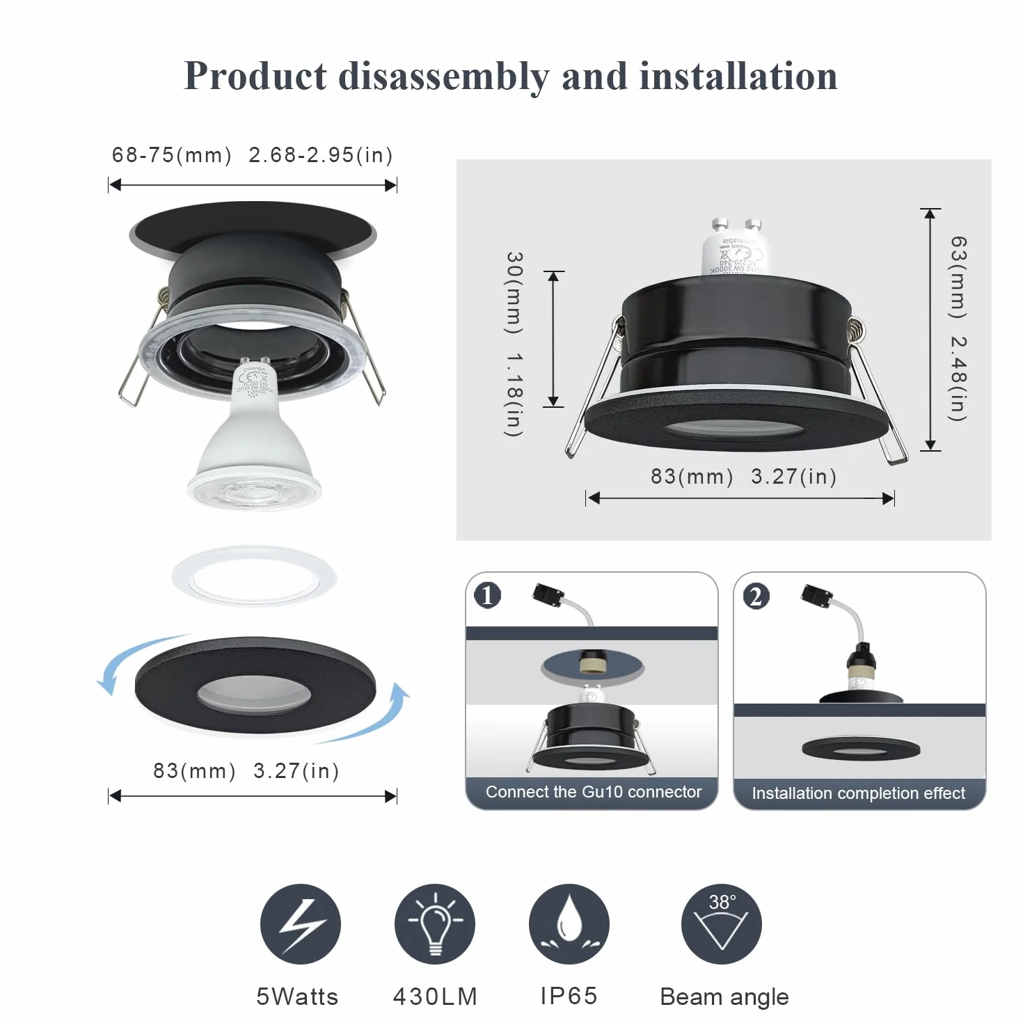 IP65 reflektor do zabudowy LED 5 W, GU10 reflektory sufitowe do łazienki, wilgotnych pomieszczeń, wodoszczelne, lampy punktowe LED 230 V 68-75 mm wymiar otworu (bez lampy), zestaw 4 szt. czarny