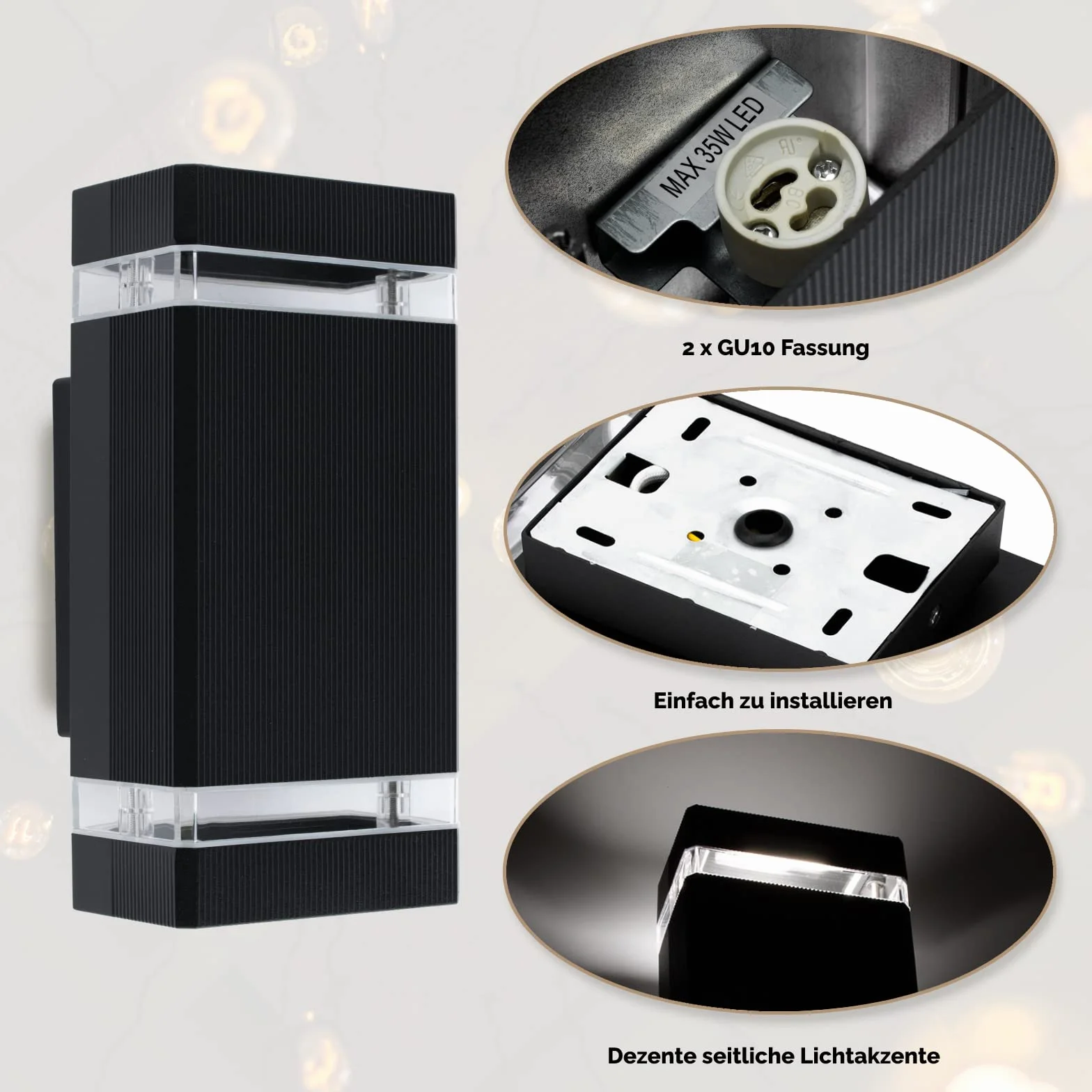Lumiled lampa ścienna zewnętrzna ściana gniazdo GU10 oświetlenie zewnętrzne kinkiet ogrodowa taras fasada domu IP44 czarny prostokątny aluminiowy góra i