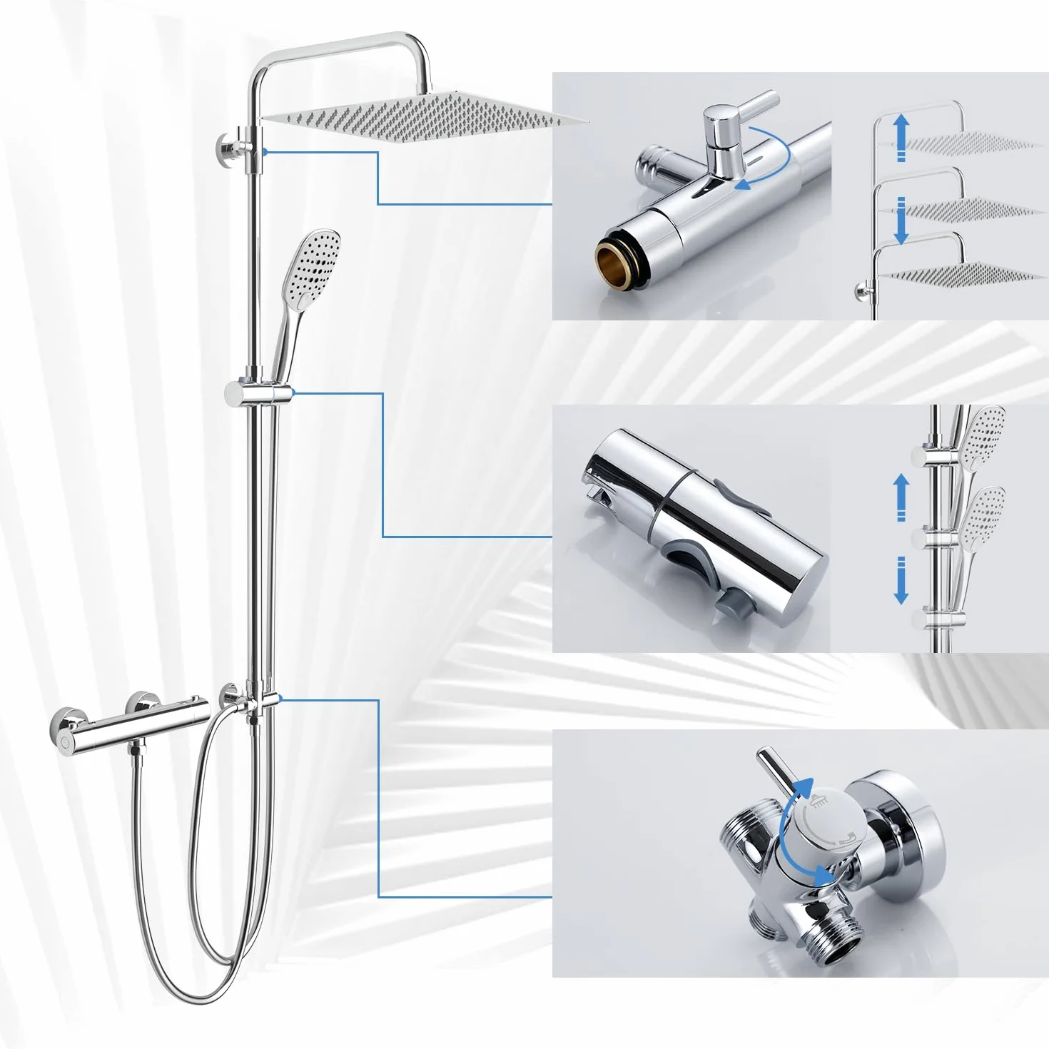 Görbach Termostatyczny Anti Scald 38 ℃ System Prysznicowy Zestaw Prysznicowy Regulowana Wysokość, Wielofunkcyjny Prysznic Ręczny, Regulowana Głowica Prysznicowa Chrom U-30x30.