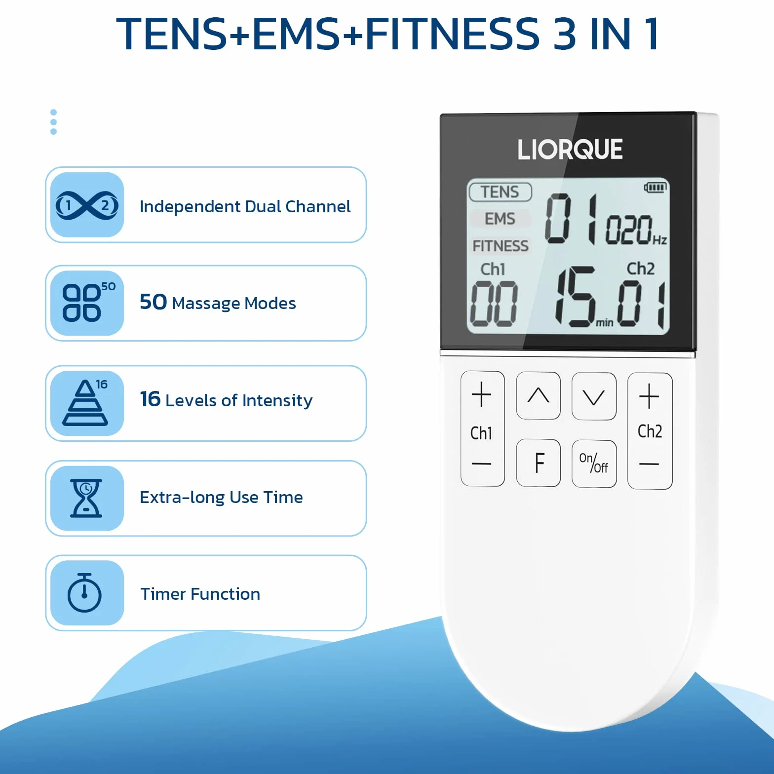 LIORQUE TENS/EMS stymulator mięśni 3 w 1, 50 trybów, 10 elektrod, 16 poziomów