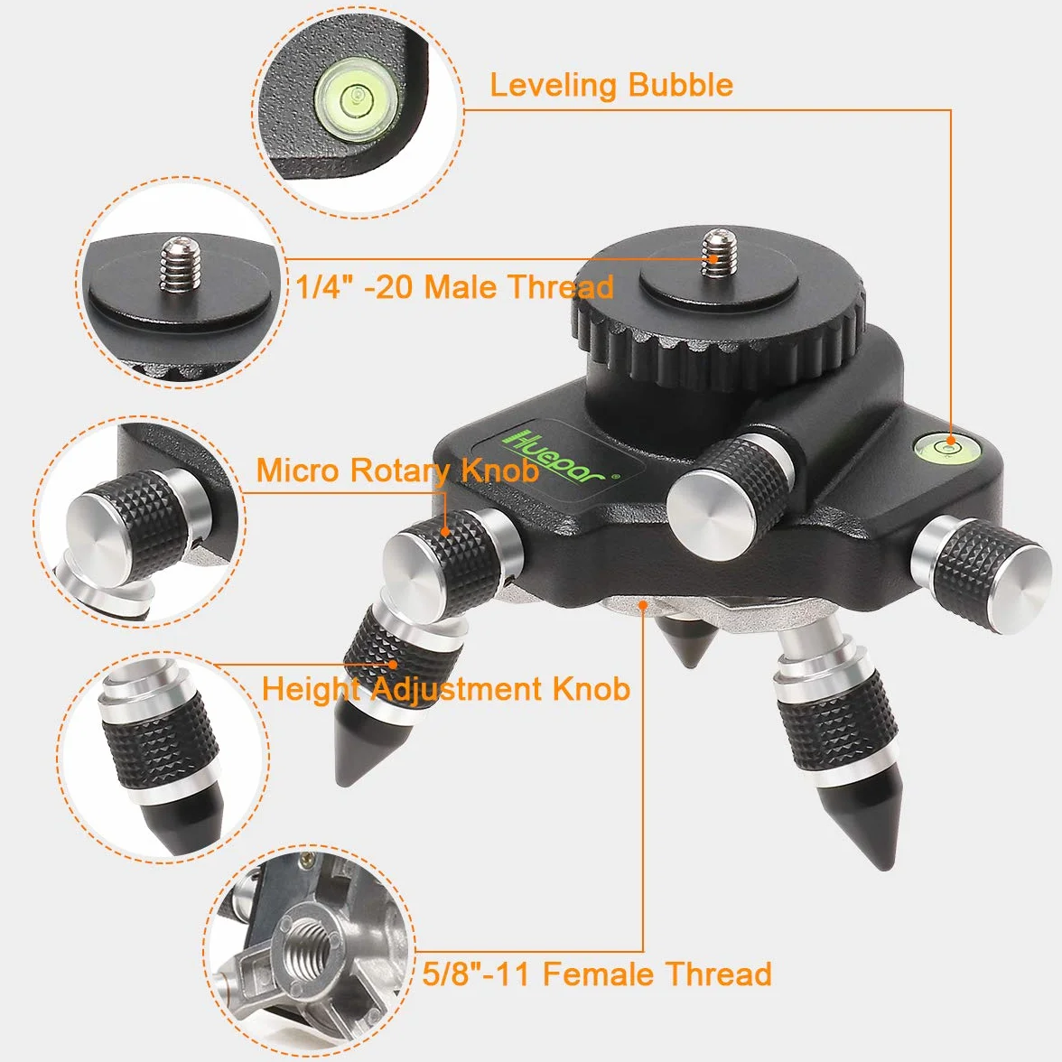 Huepar AT2 360° Adapter Drehbarer Einstellbarer Stativanschluss für Kreuzlinienlaser, mit 1/4"-20 Außengewinde und Horizontaler Blase, Manuell betriebenes Mikro - Feineinstellbare Drehbasis Einstellen