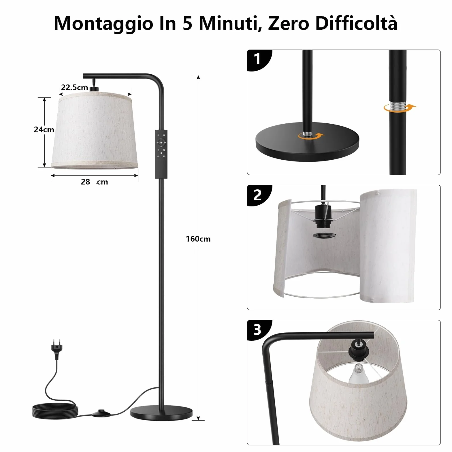 Lampa podłogowa do salonu, ściemnialna lampa podłogowa, lampa stojąca z pilotem, klosz lniany, żarówka LED E27, oświetlenie wewnętrzne do sypialni, czytania, biura