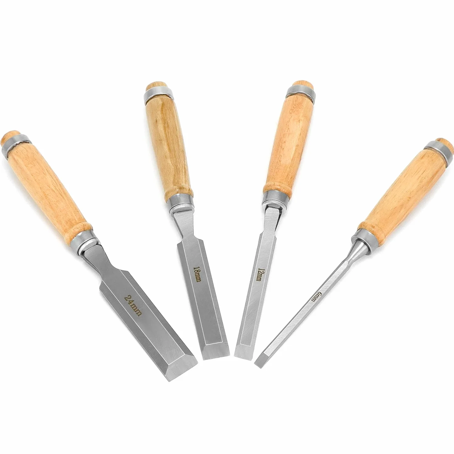 QWOR 4-częściowy zestaw dłut do drewna – ostre dłuto zestaw 6, 12, 19, 24 mm – z ergonomicznym uchwytem i nasadką