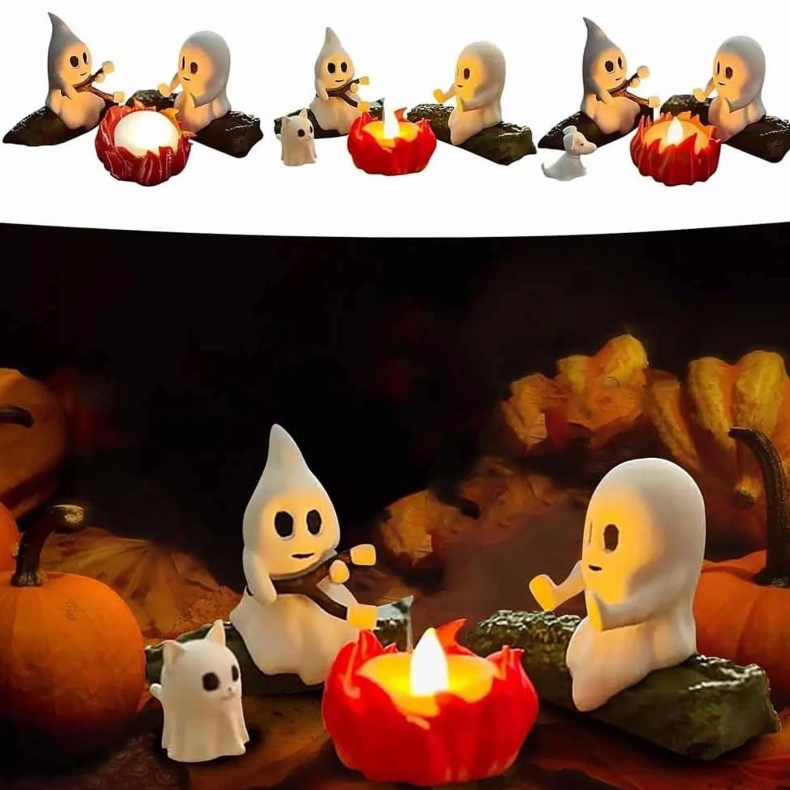 Ghost Campfire lampka nocna, 3D duch, ognisko, migocząca lampka nocna, zabawna dekoracja na Halloween, urocza przytulna upiorna statuetka, lampka nocna do domowego kominka lub biurka (wszystkie)