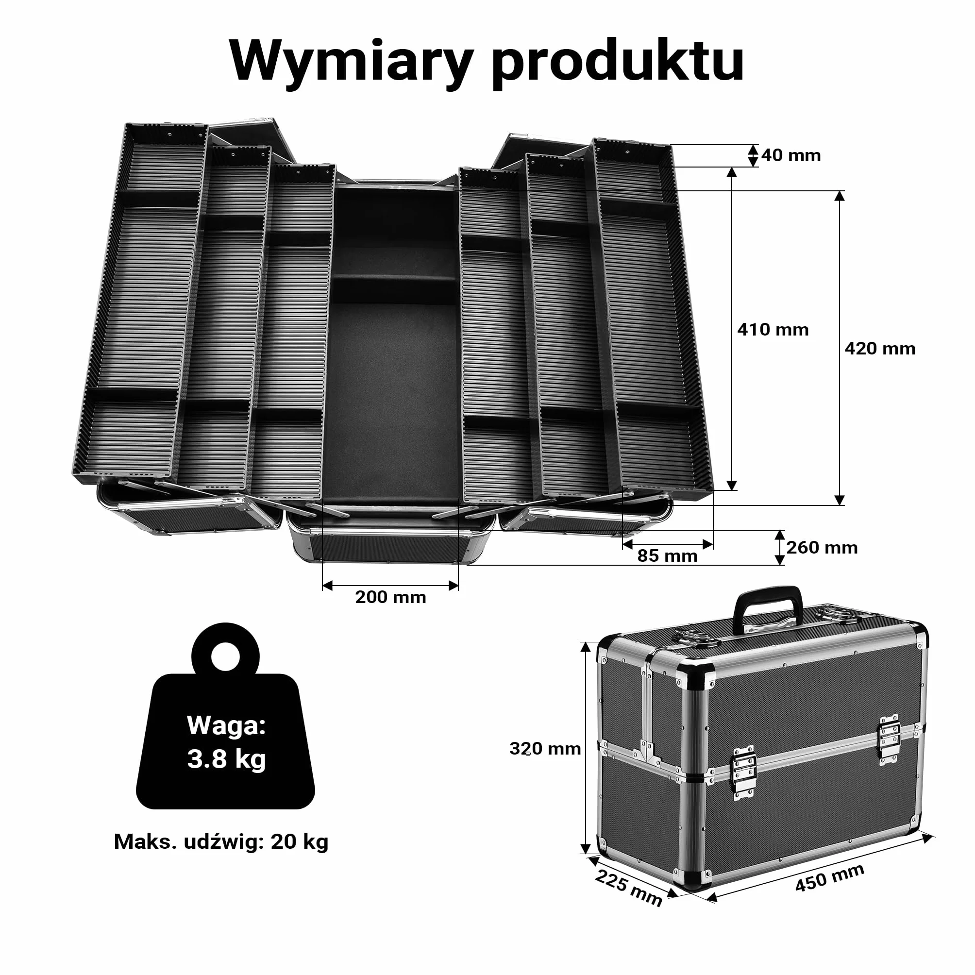 Wiltec Walizka aluminiowa z 12 przegrodami 45x32x22,5cm ze stalowymi rogami, aluminiową ramą i 2 kluczykami skrzynka na narzędzia