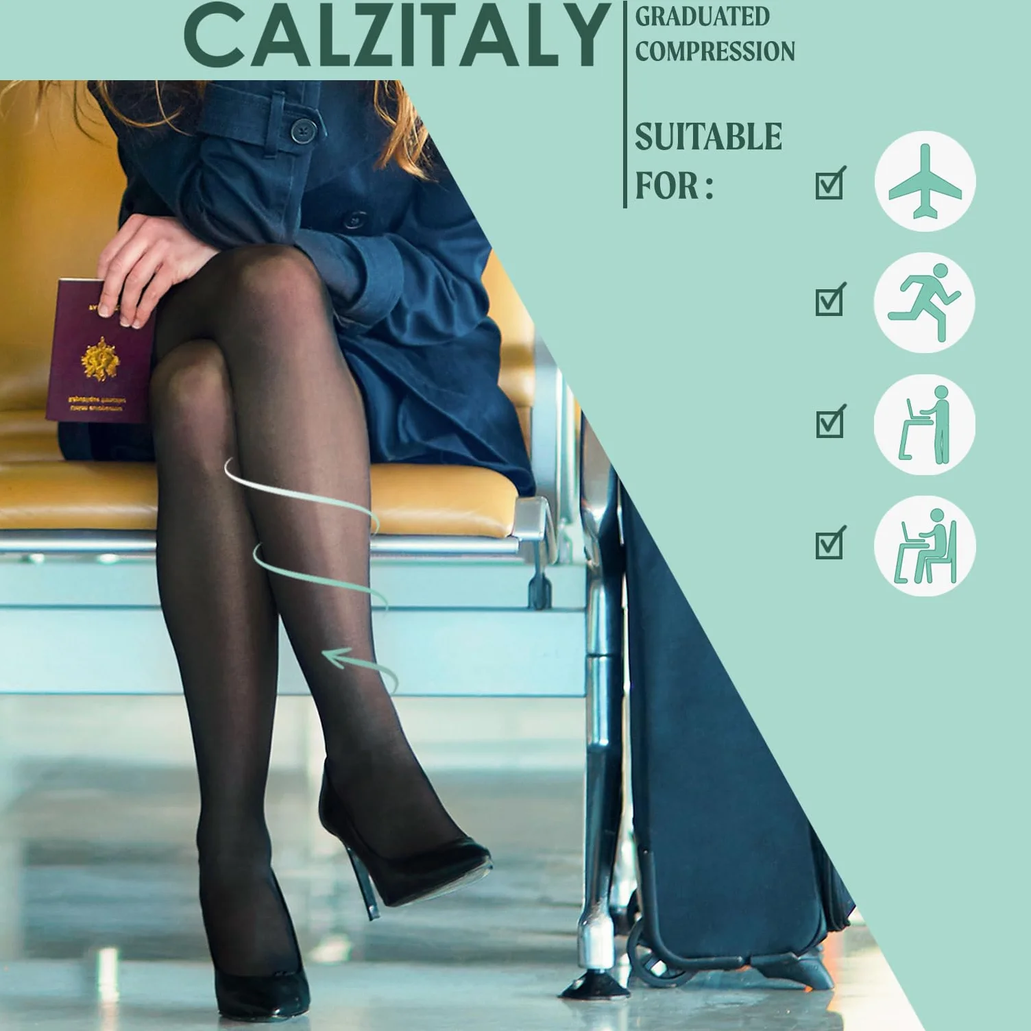 CALZITALY Damskie rajstopy medyczne | 10-14 Mmhg stopniowane rajstopy kompresyjne | 70 Den | czarne, skóra | wyprodukowano we Włoszech |, Czarny, XXL