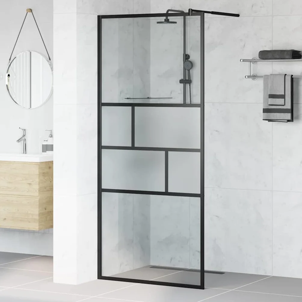 Ścianka prysznicowa Walk-in czarna ze szkła i aluminium, 90 x 195 x 0,5 cm, ścianka prysznicowa ze szkła i aluminium, ochrona przed pryskaniem, ścianka boczna do łazienki, ścianka działowa do