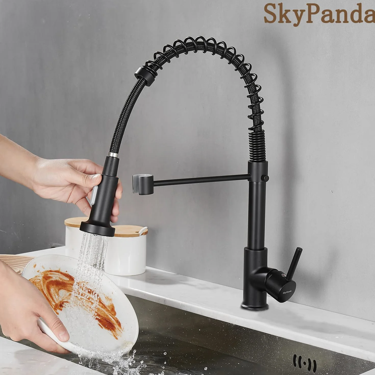 Bateria kuchenna, armatura kuchenna obracana o 360° z wyciąganą głowicą natryskową, miedziany materiał, bateria z mieszaczem i 2-funkcyjną głowicą natryskową (H, czarny mat)