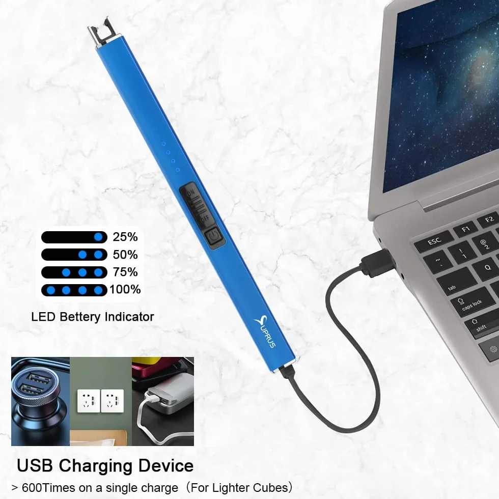 Suprus Zapalniczka świecąca w ciemności, elektryczna zapalniczka do świec, zapalniczka łukowa USB z blokadą zabezpieczającą, wiatroodporna, bezpłomieniowa plazma (niebieska)