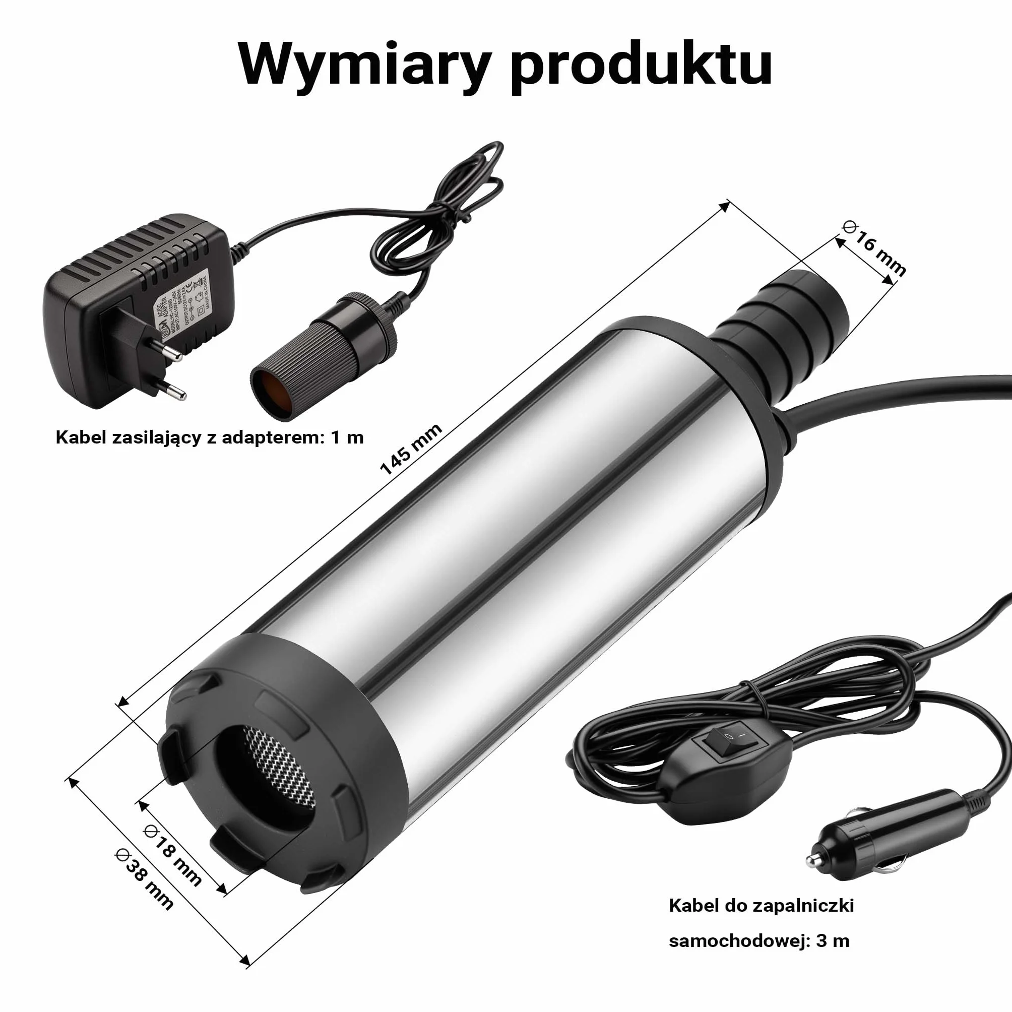 Mini pompa Wiltec 12-15 l/min 8500 obr/min 12 V, wylot 16 mm, pompa zanurzeniowa do wody i oleju napędowego, do spuszczania cieczy, odwadniania, pompowania ponad