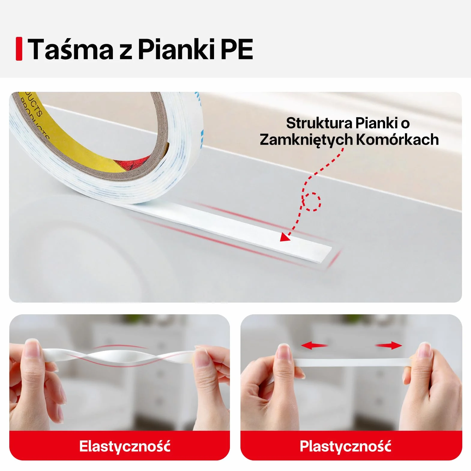 Tasma Dwustronna, 10 mm × 3 m Dwustronna Taśma Klejąca, 1600T PE - Extra Mocna Taśma Dwustronna, Wodoodporna Taśma Montażowa, Taśma Piankowa do Dekoracji Domu, Biura i Szkoły