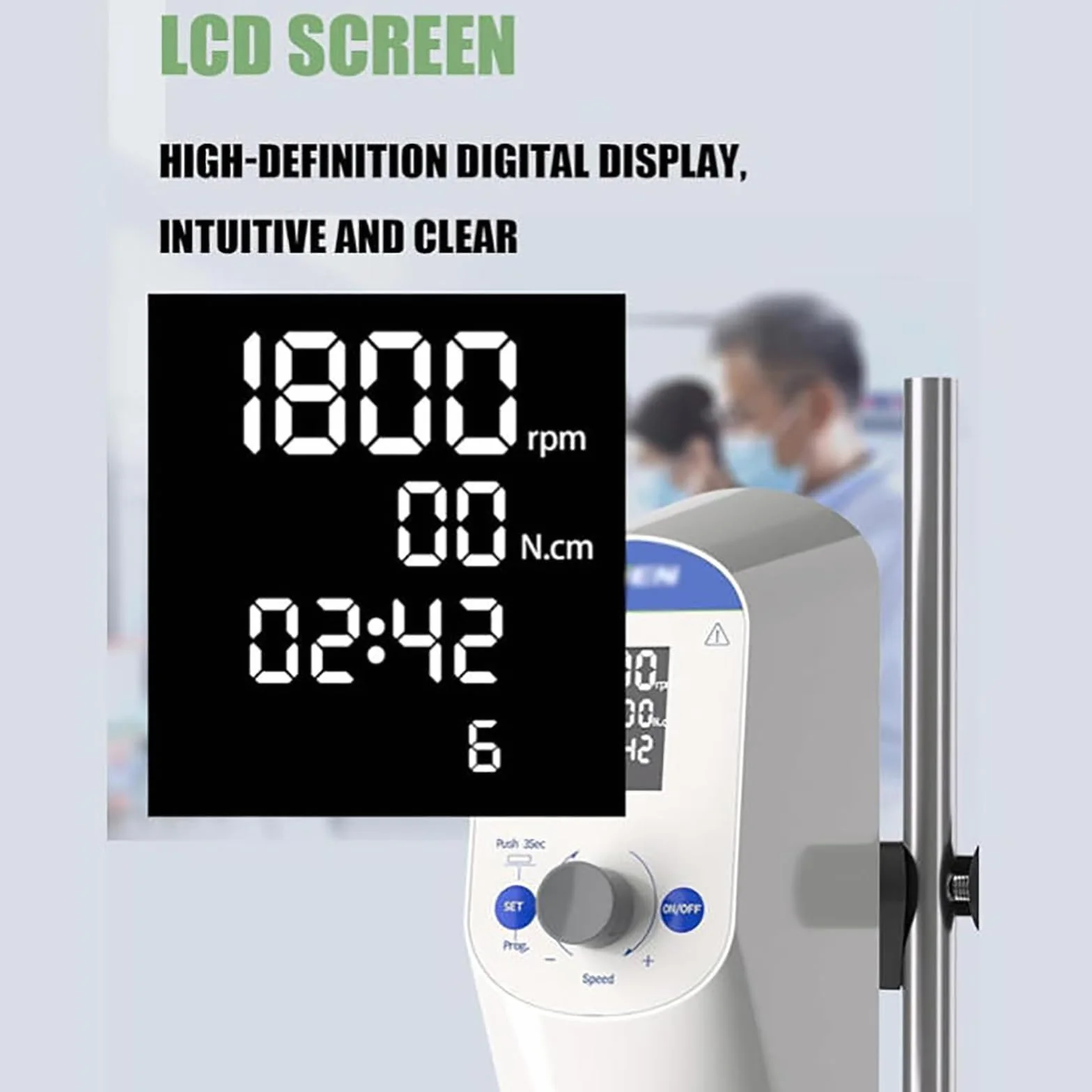 Elektryczne mieszadło napowietrzne z cyfrowym wyświetlaczem, zakres prędkości 100-2000 obr./min, timer 1-99 h59 min, maksymalna objętość 20 l, 20-60 n.Cm moment obrotowy do mieszania laboratoryjnego