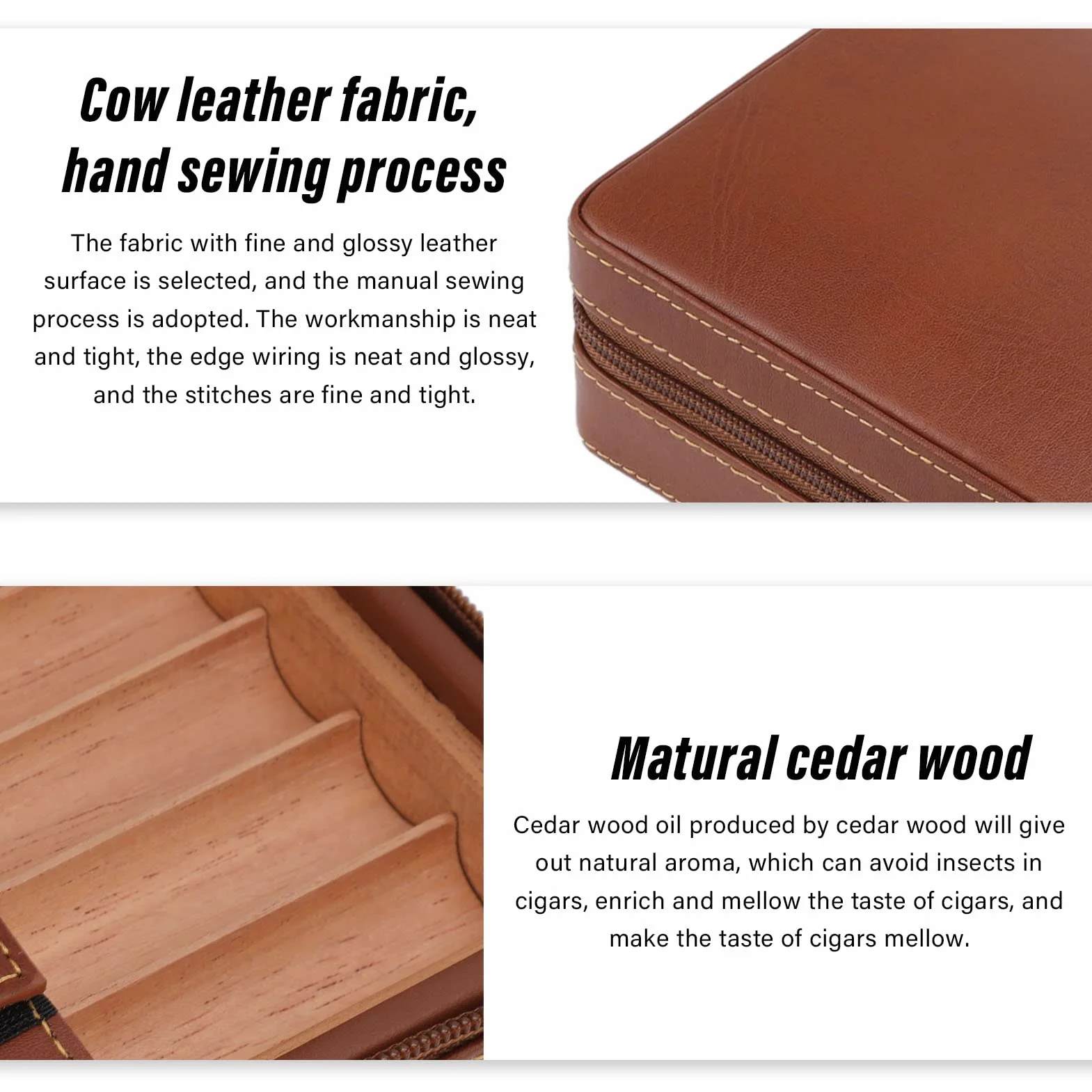 Travel Cigar Humidor Case, przenośne pudełko na cygara z nawilżaczem i dzielnikiem, Cedar Wood Leather Cigar Case Gift Set with Storage Bag, Suction Nozzle for Men Women, Holds up to 4 Cigars