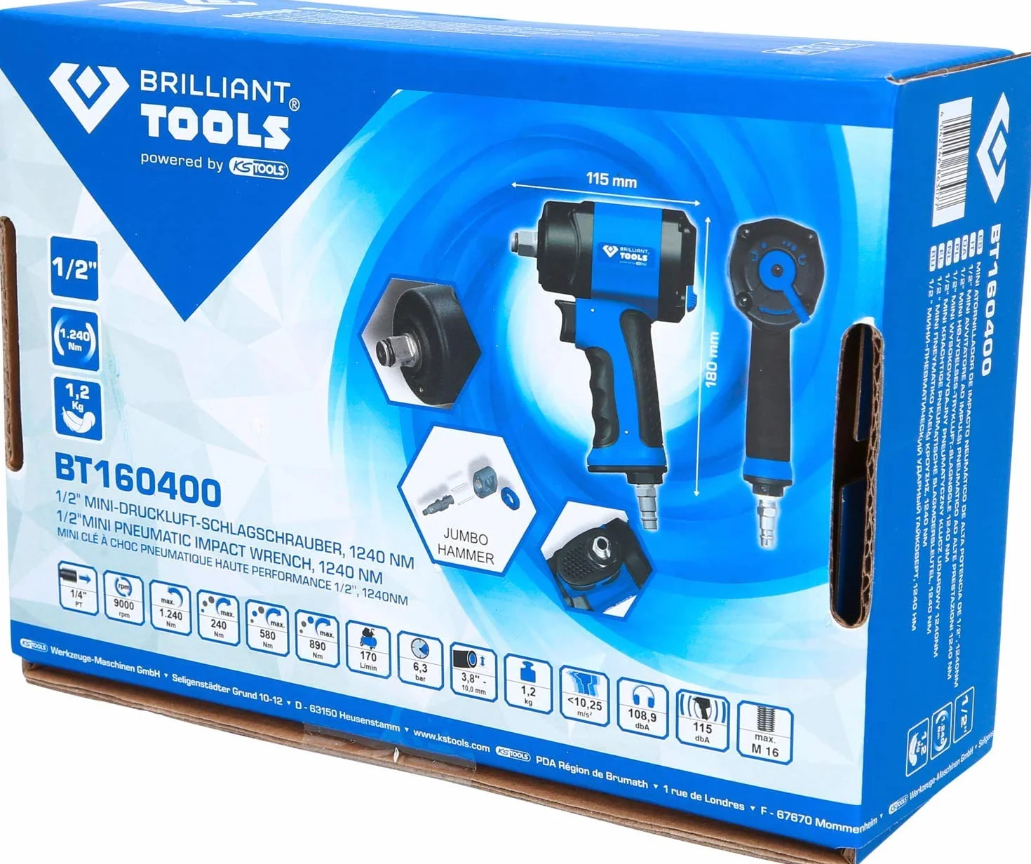 BRILLIANT TOOLS BT160400 1/2" Mini pneumatyczny klucz udarowy, 1.240 Nm [Powered by KS TOOLS]