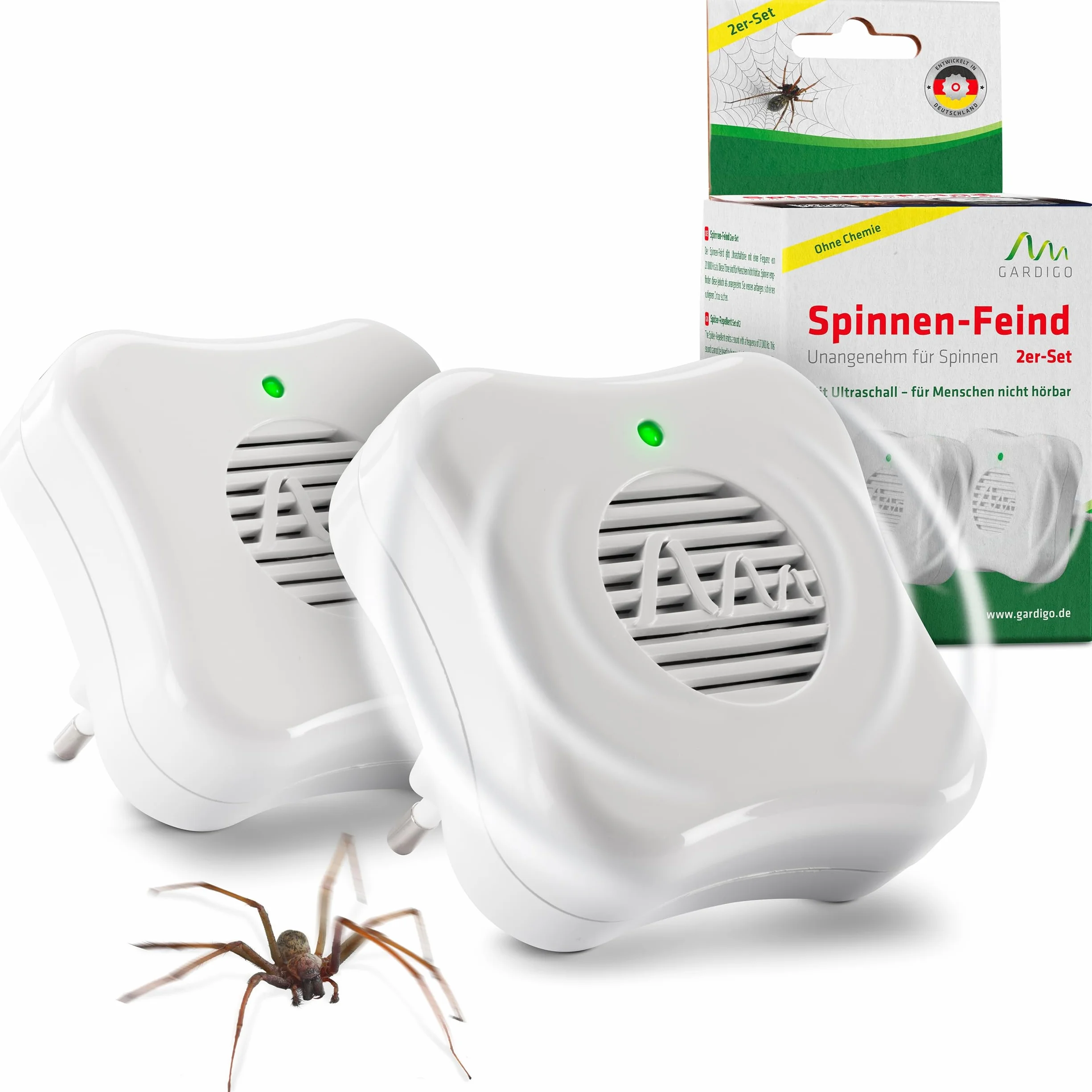 GARDIGO® Wtyczka ultradźwiękowa do odstraszania pająków – zestaw 2 szt. I odstraszacz szkodników do domu przeciwko pająkom I 25 m² I 27 kHz I ochrona przed pająkami I ochrona przed owadami
