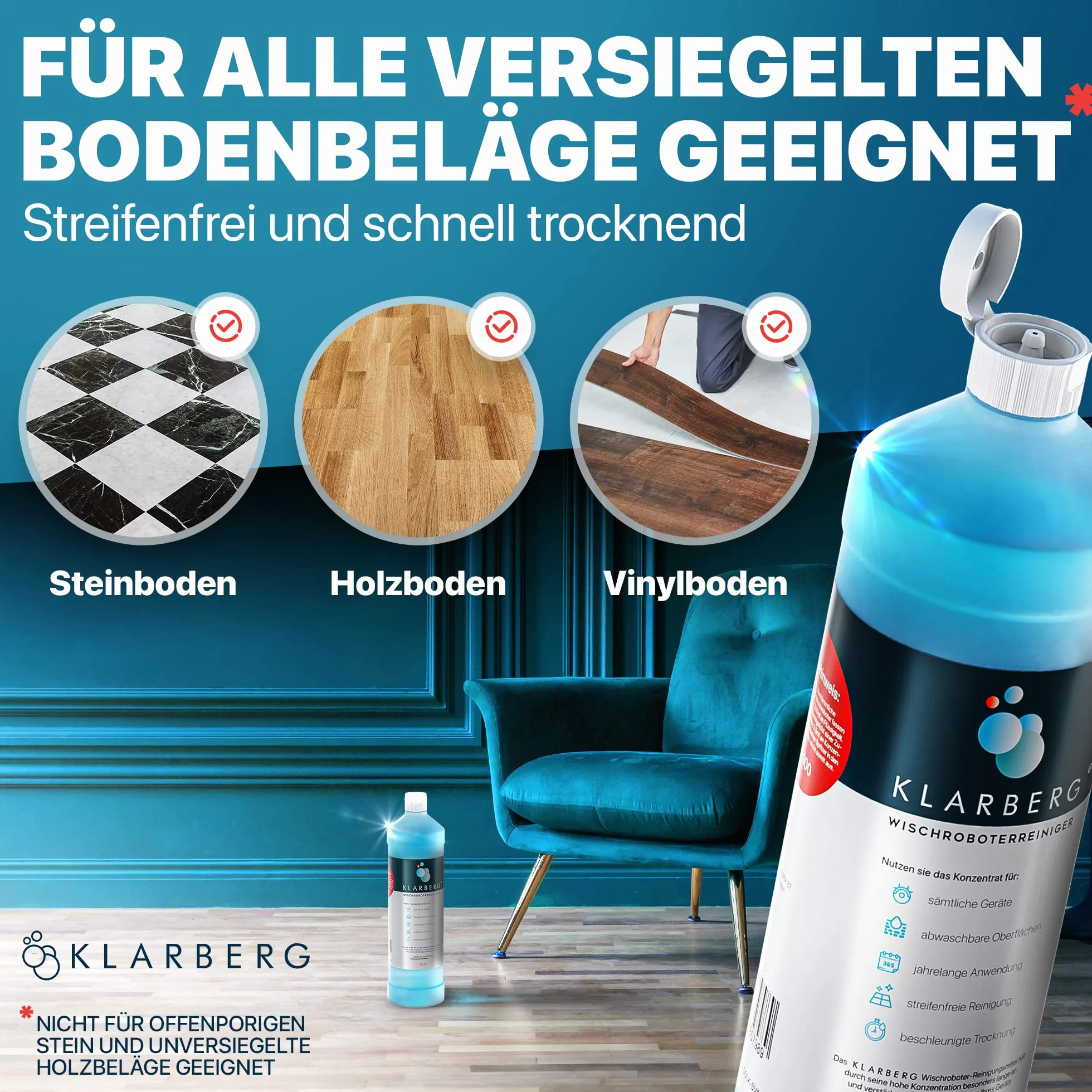 KLARBERG® 4 x 1 l środek do czyszczenia podłóg, koncentrat 1:100, świeży zapach z naszym środkiem czyszczącym do odkurzacza I środek czyszczący do robota odkurzającego, laminatu, płytek