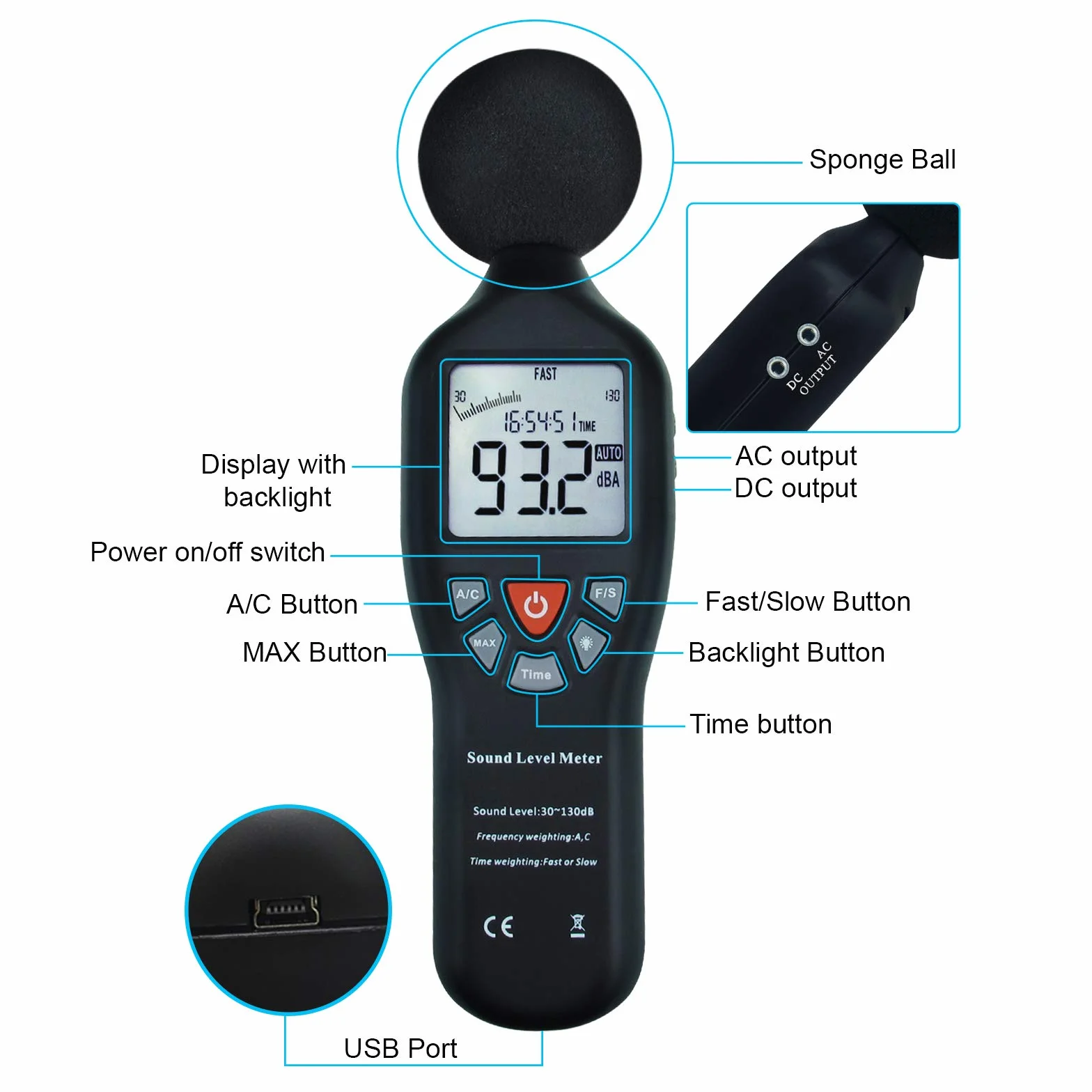 Cyfrowy miernik dźwięku decybel z uchwytem na statyw podświetlany wyświetlacz o wysokiej dokładności pomiar 30dB-130dB z dużym ekranem LCD kompaktowy instrument